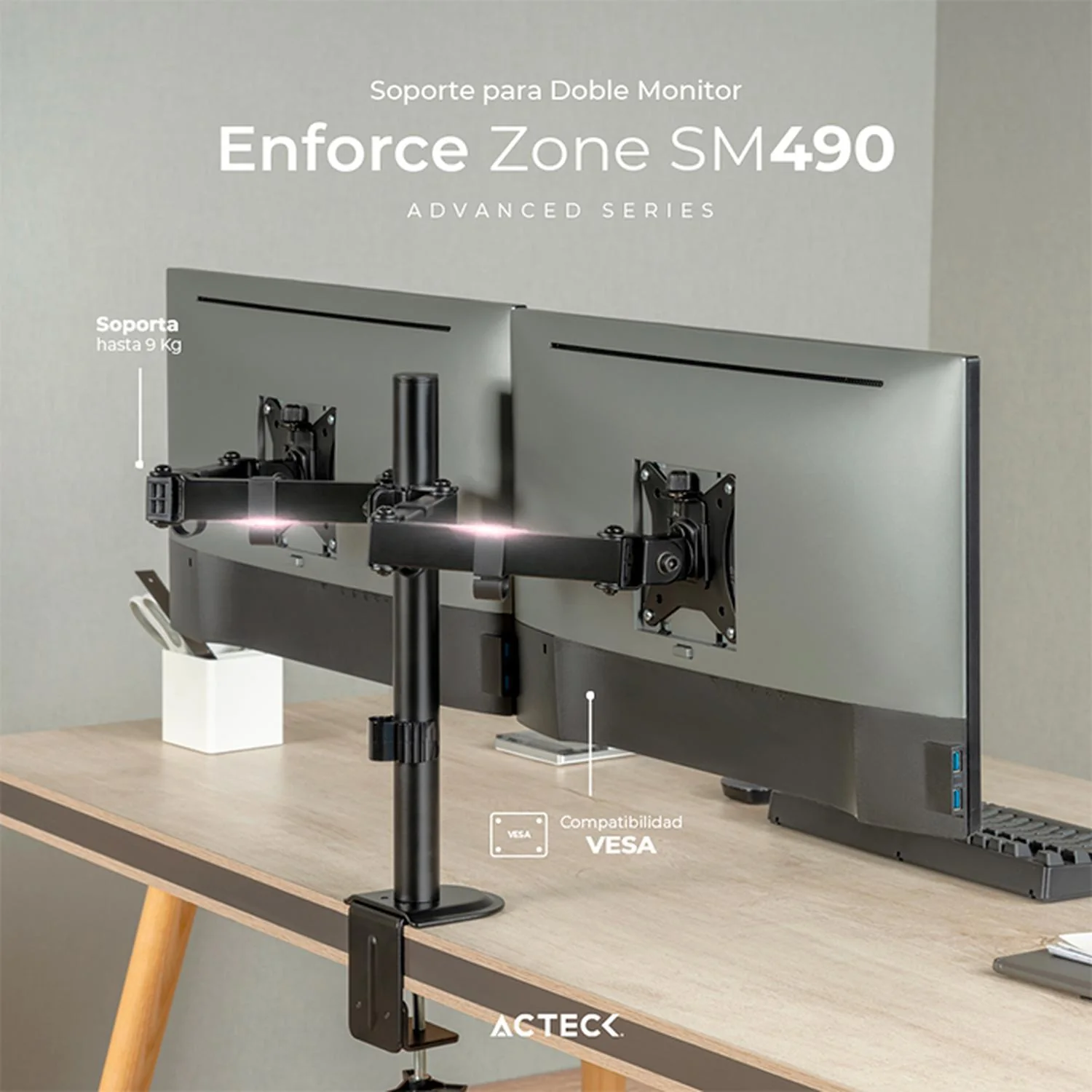 Soporte de Escritorio ACTECK ENFORCE ZONE SM490 Para Monitor Doble Ajustable Negro AC-934602 - Image 4