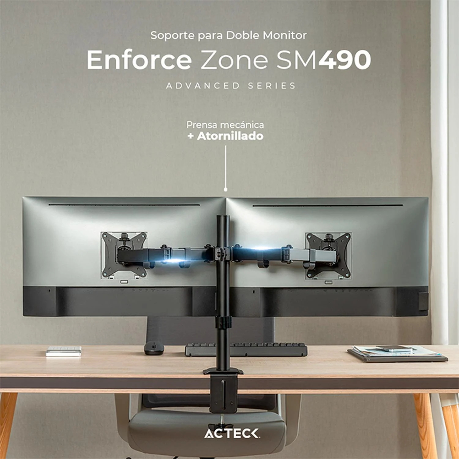 Soporte de Escritorio ACTECK ENFORCE ZONE SM490 Para Monitor Doble Ajustable Negro AC-934602 - Image 5