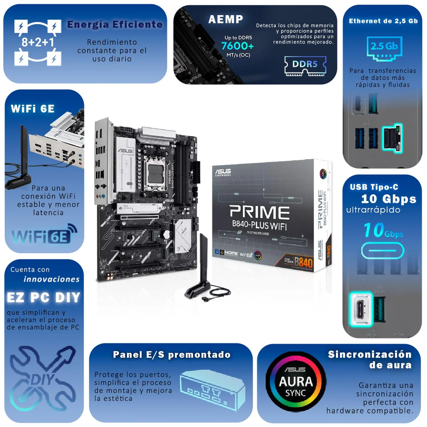 Tarjeta Madre ASUS PRIME B840-PLUS WIFI AM5 4x DDR5 3x M.2 PCIe 4.0 USB-C WIFI 6E BT 5.3 ATX - Image 6