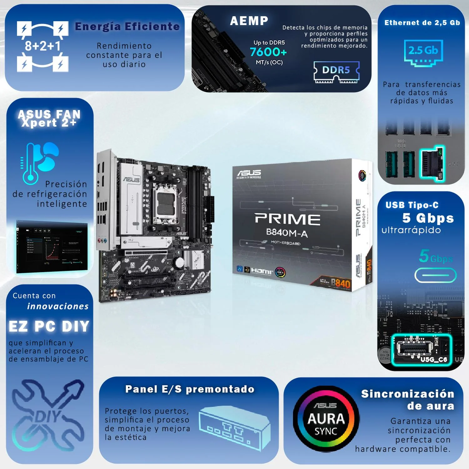 Tarjeta Madre ASUS PRIME B840M-A AM5 4x DDR5 3x M.2 PCIe 4.0 USB-C Micro ATX - Image 6