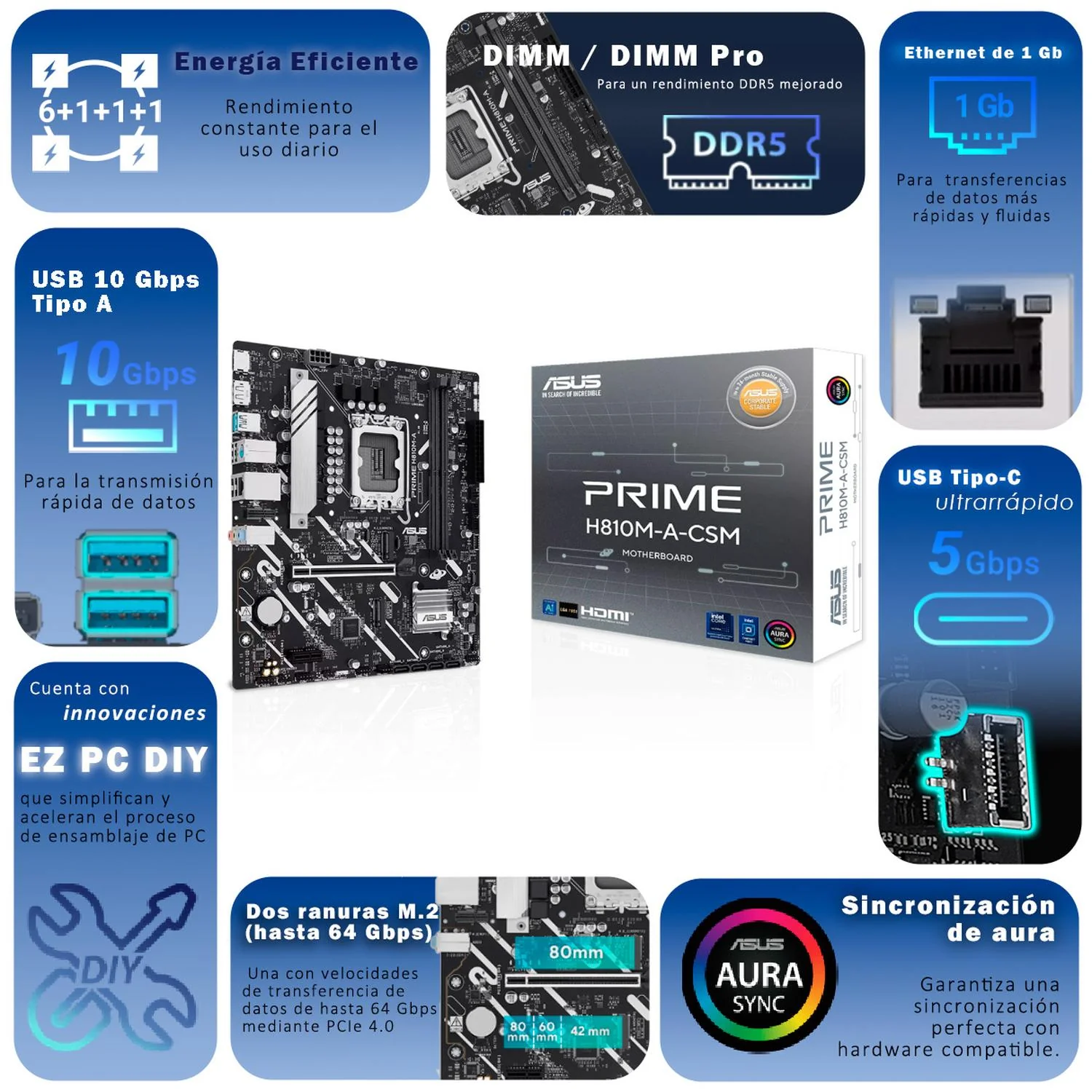 Tarjeta Madre ASUS PRIME H810M-A-CSM 1851 2x DDR5 2x M.2 PCIe 4.0 USB-C Micro ATX - Image 5