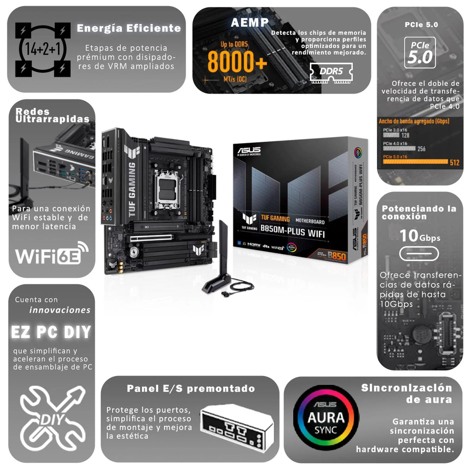 Tarjeta Madre ASUS TUF GAMING B850M-PLUS WIFI AM5 4x DDR5 3x M.2 PCIe 5.0 USB-C WIFI 6E BT 5.3 Micro - Image 6