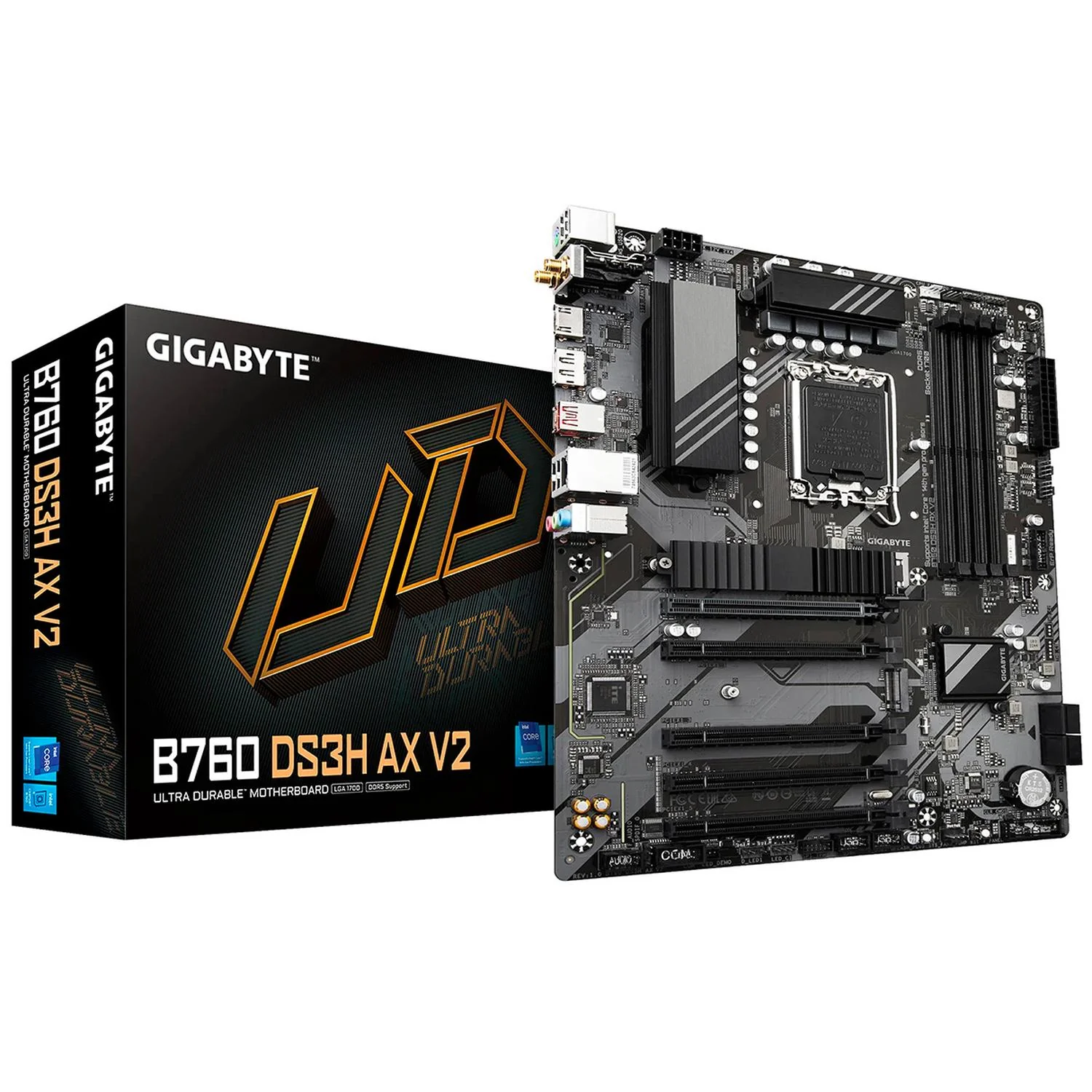 Tarjeta Madre GIGABYTE B760 DS3H AX V2 LGA1700 4x DDR5 2x M.2 PCIe 4.0 USB-C WIFI6 BT 5.3 ATX