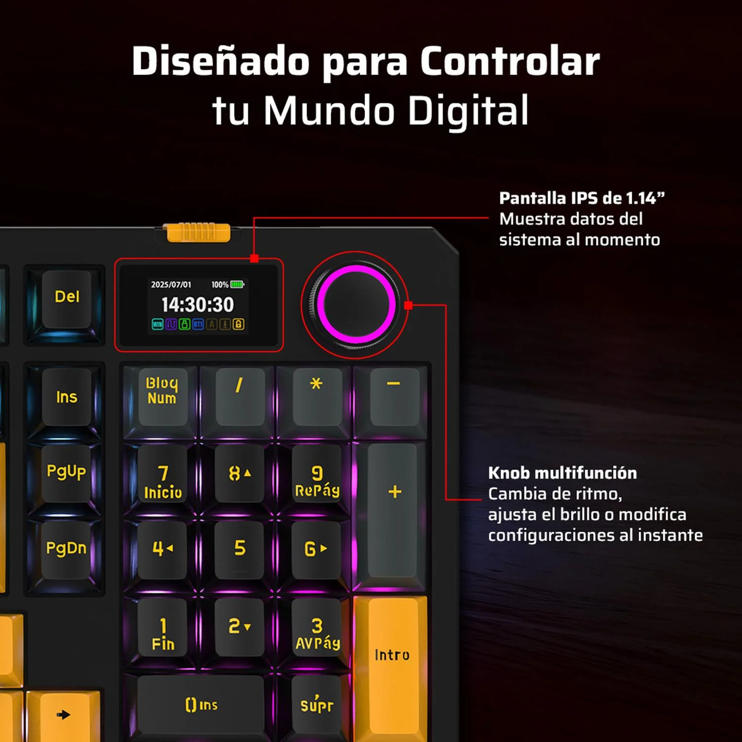 Teclado Gamer Mecanico BALAM RUSH DEFEAT LEVEL GK3 Switch Yellow Ice Cream Inalambrico USB 2.4 GHz + BT 5.1 Tamaño 90% RGB Negro BR-942492 Máxima comodidad y Precision - Image 3