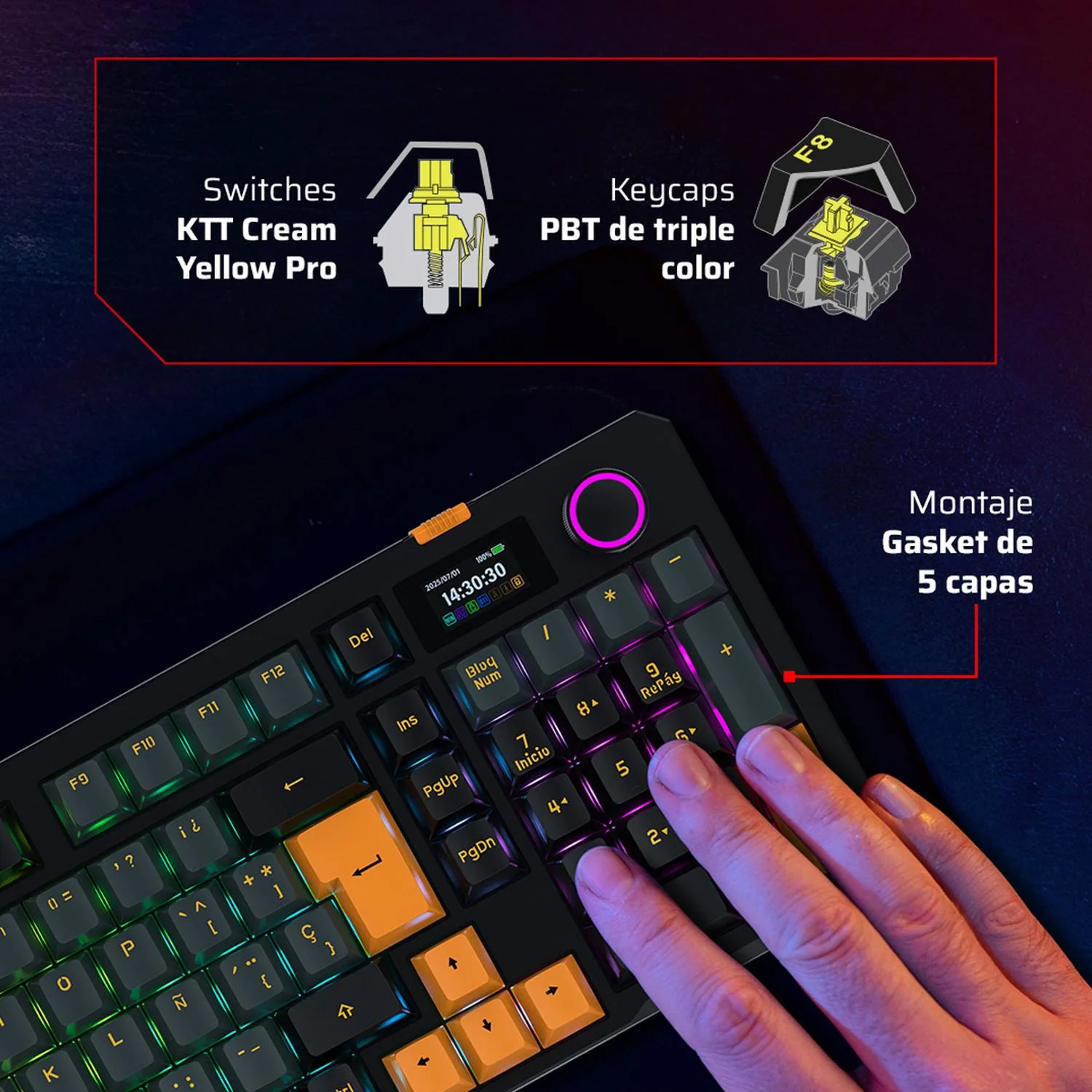 Teclado Gamer Mecanico BALAM RUSH DEFEAT LEVEL GK3 Switch Yellow Ice Cream Inalambrico USB 2.4 GHz + BT 5.1 Tamaño 90% RGB Negro BR-942492 Máxima comodidad y Precision - Image 4