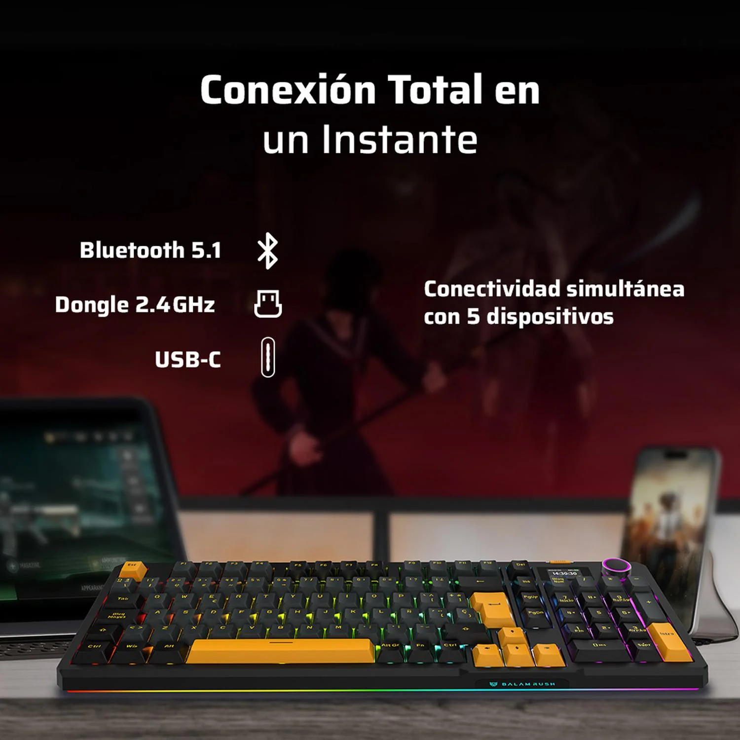 Teclado Gamer Mecanico BALAM RUSH DEFEAT LEVEL GK3 Switch Yellow Ice Cream Inalambrico USB 2.4 GHz + BT 5.1 Tamaño 90% RGB Negro BR-942492 Máxima comodidad y Precision - Image 5