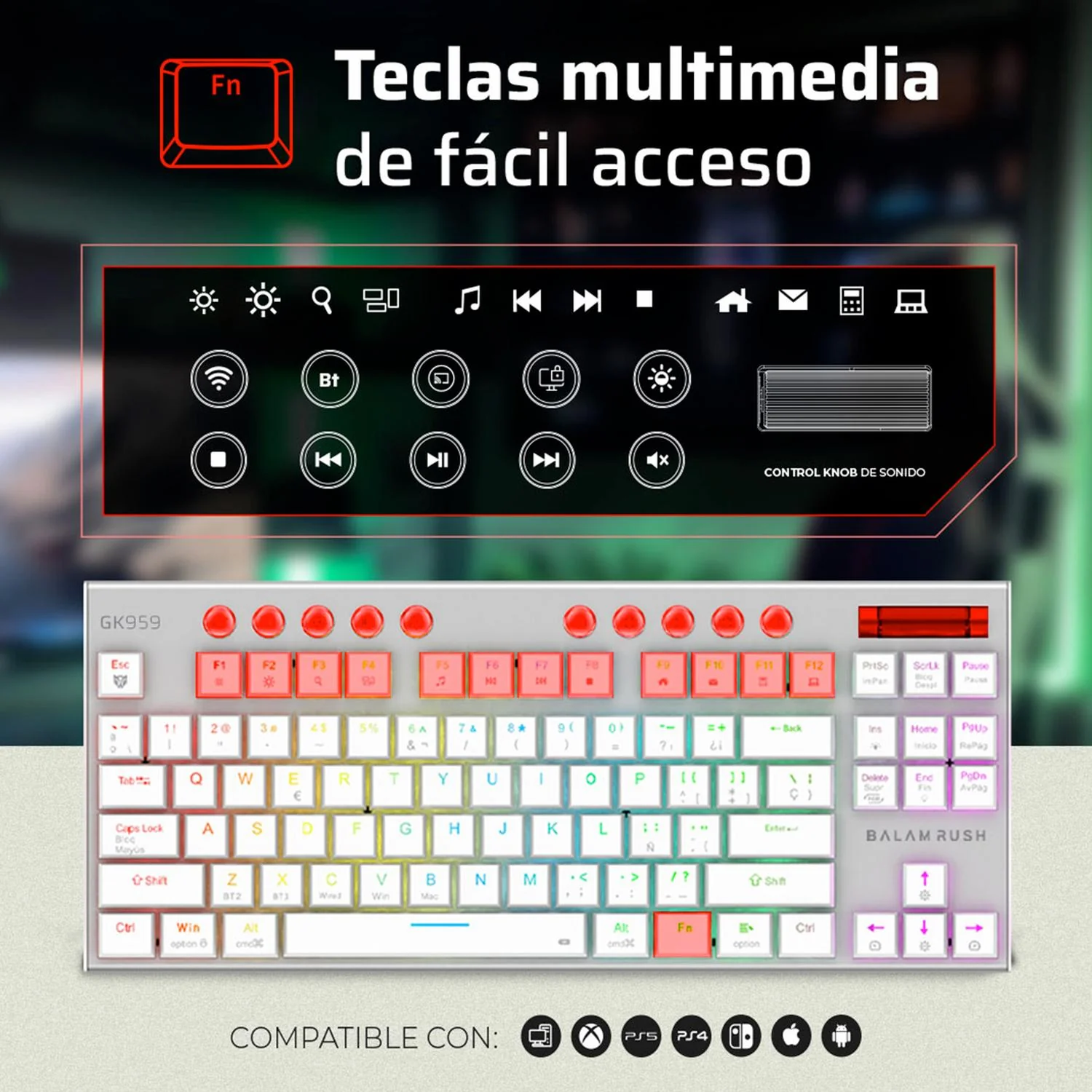 Teclado Gamer Mecanico BALAM RUSH DOMINATE EXPERT GK959 Switch Brown Inalambrico USB 2.4 GHz + BT 5.0 Tamaño 80% RGB Blanco BR-940412 - Image 3