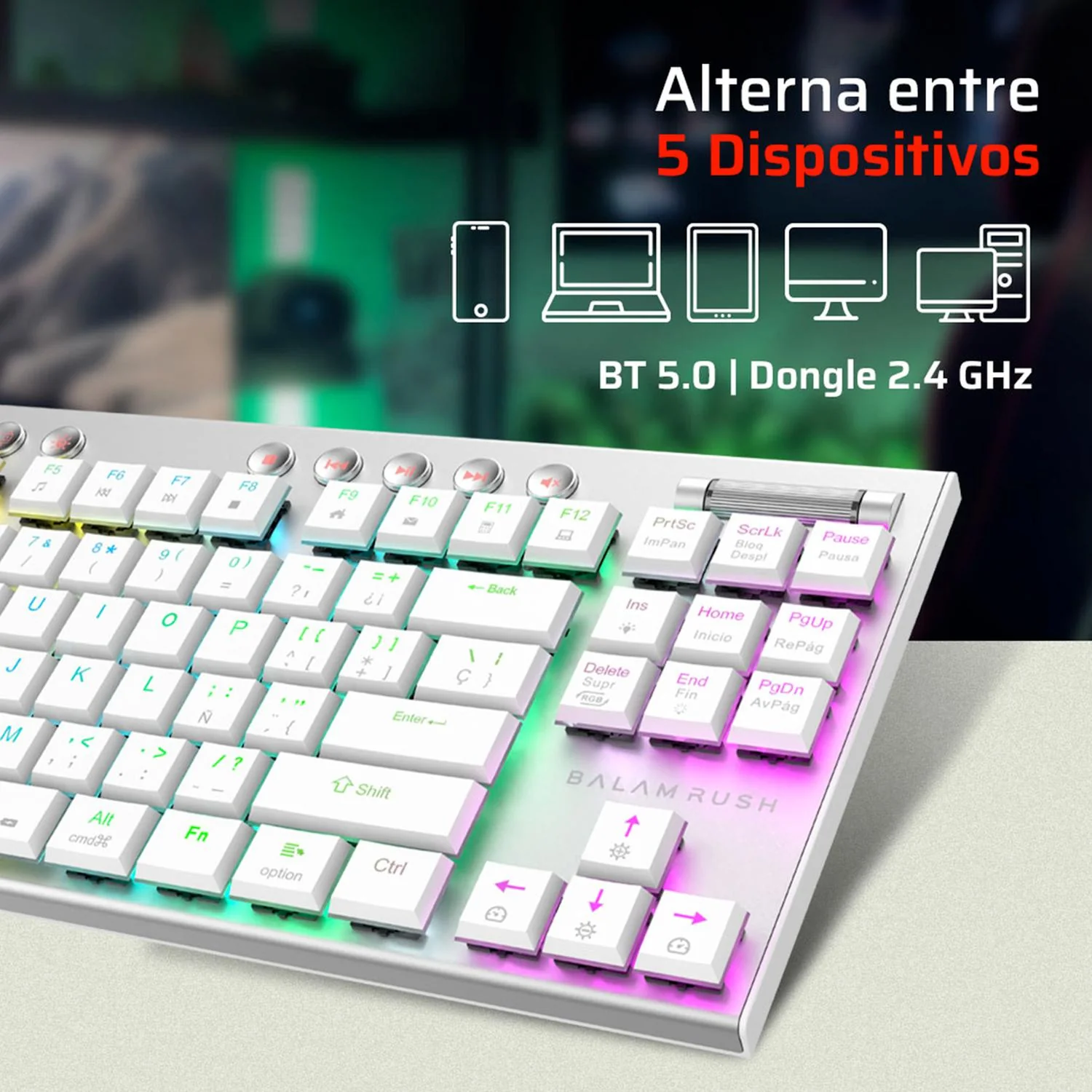 Teclado Gamer Mecanico BALAM RUSH DOMINATE EXPERT GK959 Switch Brown Inalambrico USB 2.4 GHz + BT 5.0 Tamaño 80% RGB Blanco BR-940412 - Image 5