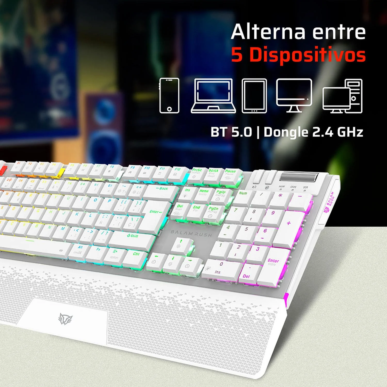 Teclado Gamer Mecanico BALAM RUSH DOMINATE EXPERT GK979I Switch Red Inalambrico USB 2.4 GHz + BT 5.0 RGB Blanco BR-940399 - Image 4