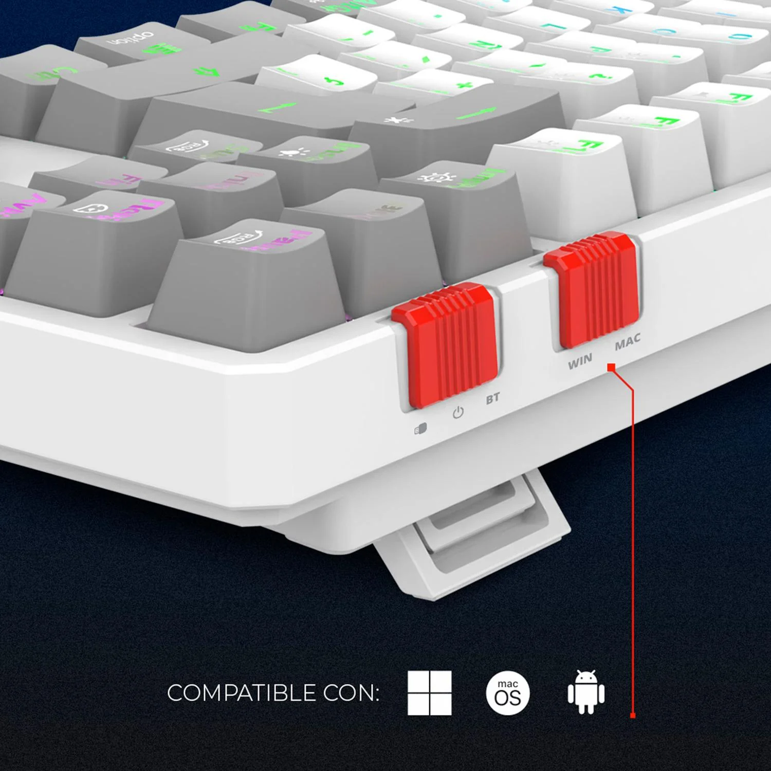 Teclado Gamer Mecanico BALAM RUSH LEVEL PRO GK990 Switch Red Inalambrico USB 2.4 GHz + BT 5.0 Tamaño 80% RGB Blanco/Gris BR-940375 - Image 3