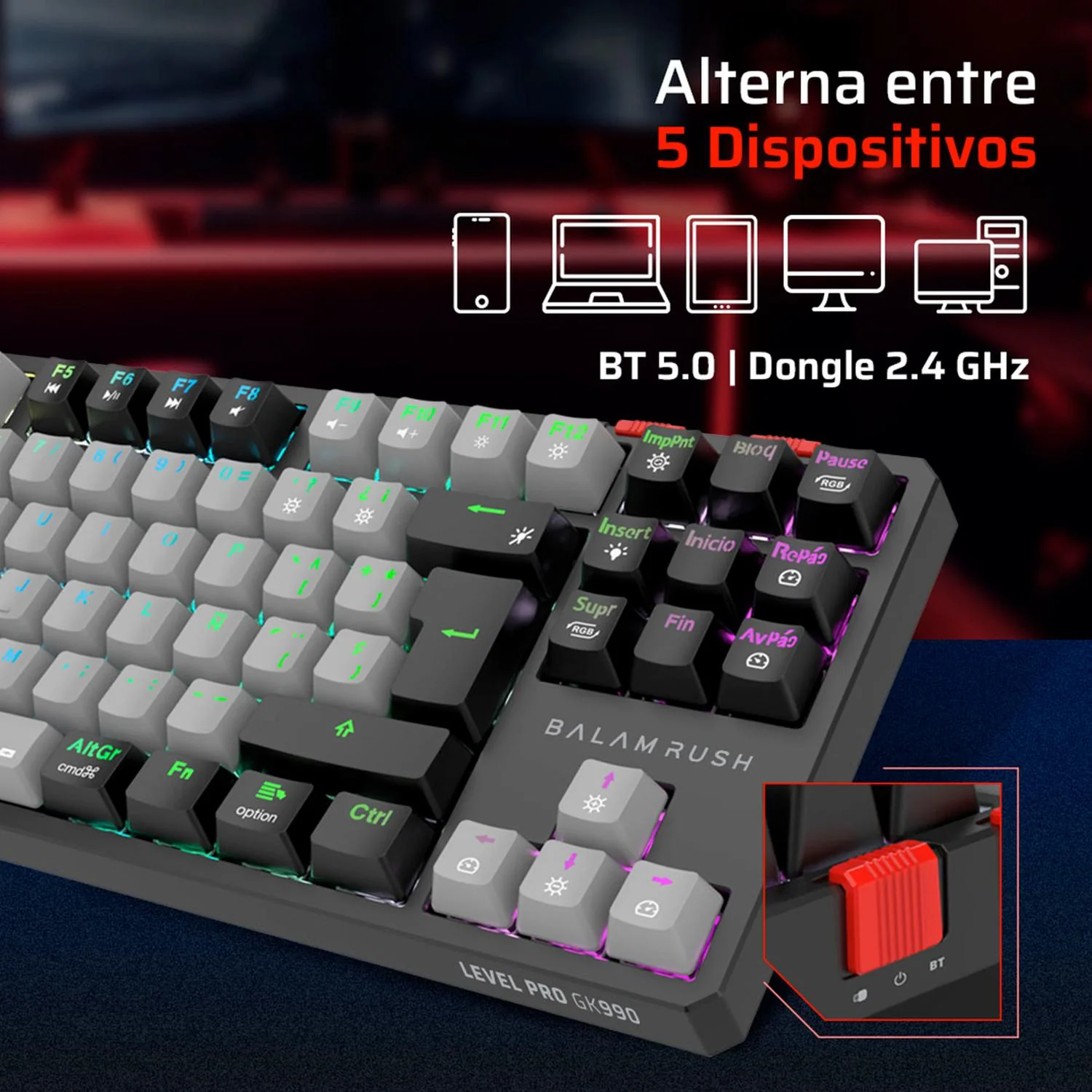 Teclado Gamer Mecanico BALAM RUSH LEVEL PRO GK990 Switch Red Inalambrico USB 2.4 GHz + BT 5.0 Tamaño 80% RGB Gris/Negro BR-940368 - Image 3