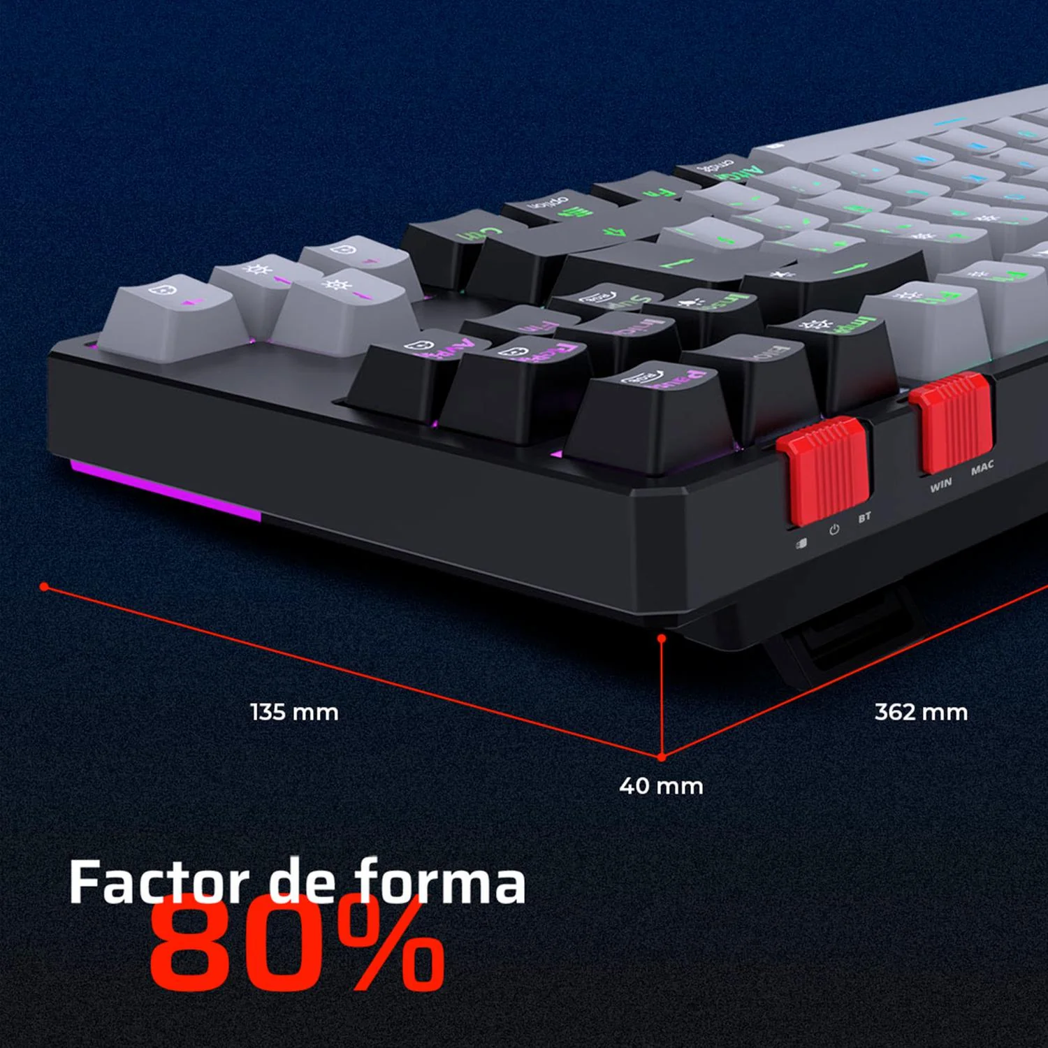 Teclado Gamer Mecanico BALAM RUSH LEVEL PRO GK990 Switch Red Inalambrico USB 2.4 GHz + BT 5.0 Tamaño 80% RGB Gris/Negro BR-940368 - Image 4