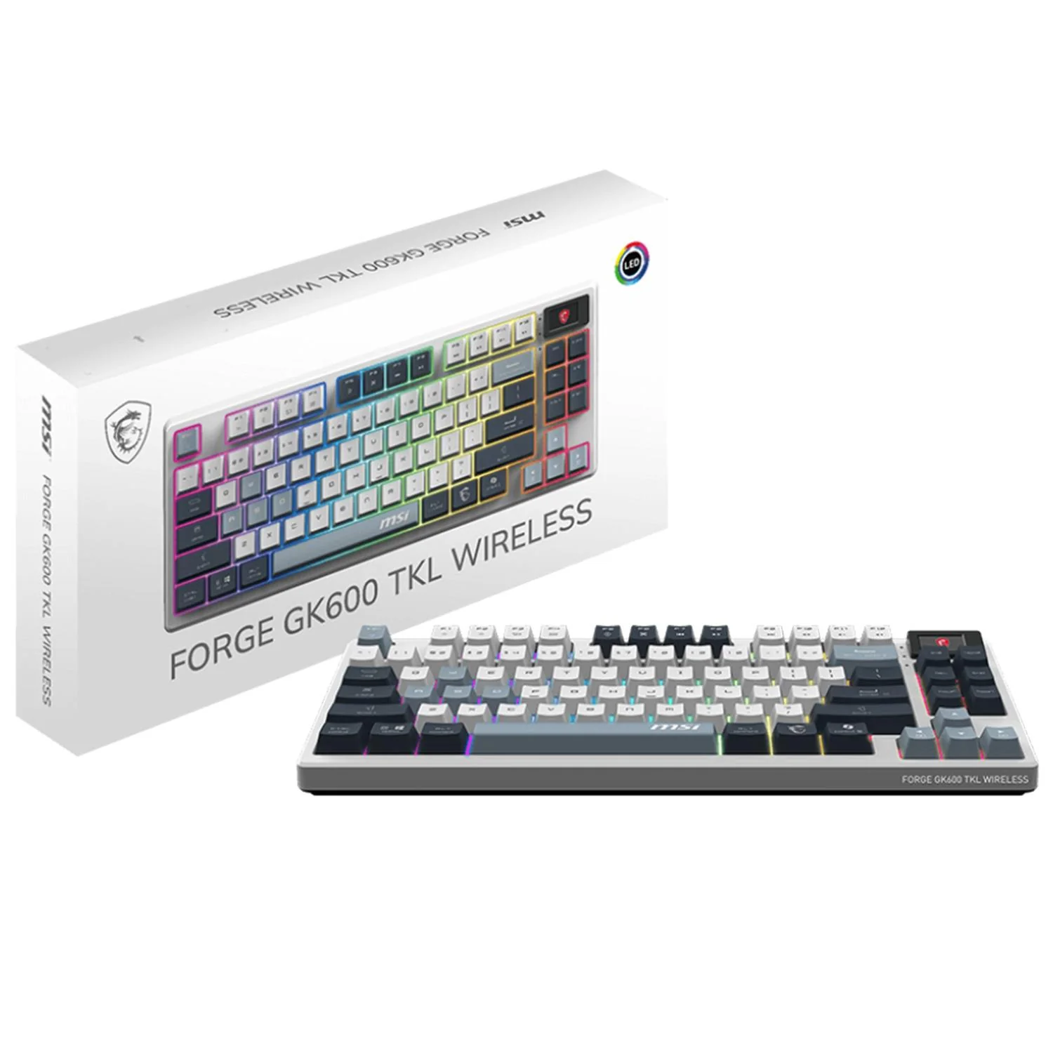Teclado Gamer Mecanico MSI FORGE GK600 TKL WIRELESS SKY Switch Azul Inalambrico USB 2.4 GHz + BT Tamaño 80% RGB Blanco/Azul FORGE GK600 TKL W SKY US