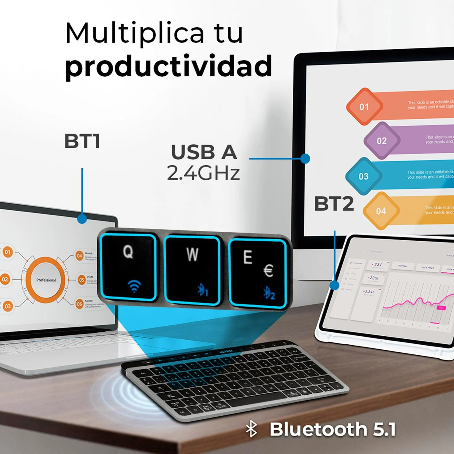 Teclado Multidispositivo ACTECK INSPIRE KREA TI750 Inalambrico USB 2.4GHz + BT 5.1 Tamaño 65% Negro/Gris AC-940092 - Image 4