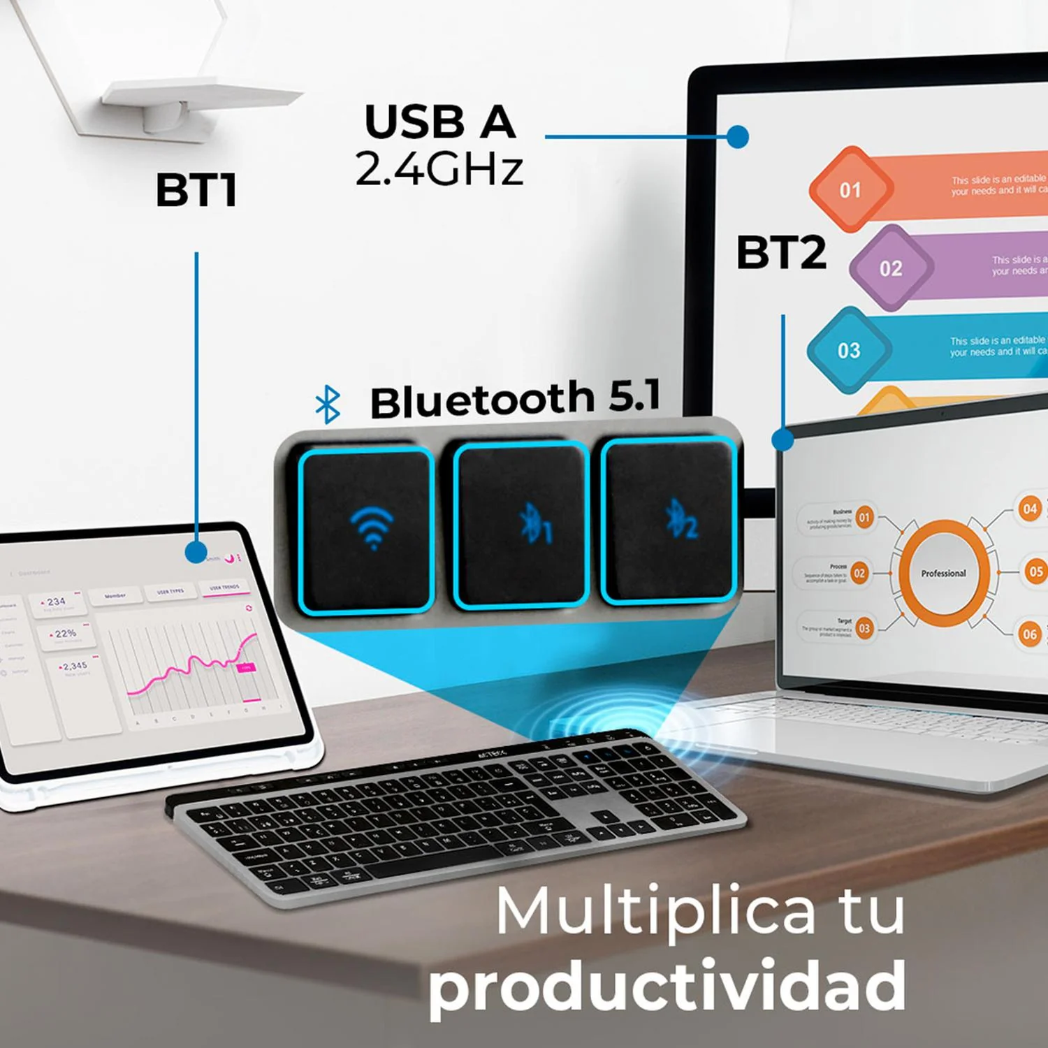 Teclado Multidispositivo ACTECK INSPIRE KREA TI755 Inalambrico USB 2.4GHz + BT 5.1 Negro/Gris AC-940085 - Image 4