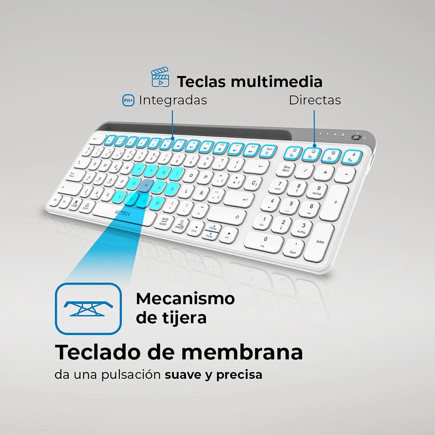 Teclado Multidispositivo ACTECK INSPIRE TREK TI747 Inalambrico USB 2.4 MHz + BT 5.1 Tamaño 98% Blanco/Gris AC-940115 - Image 2