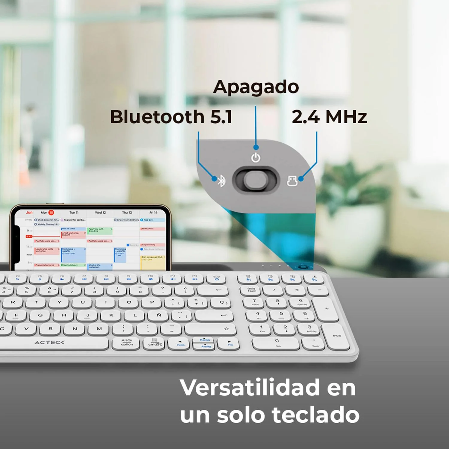Teclado Multidispositivo ACTECK INSPIRE TREK TI747 Inalambrico USB 2.4 MHz + BT 5.1 Tamaño 98% Blanco/Gris AC-940115 - Image 4