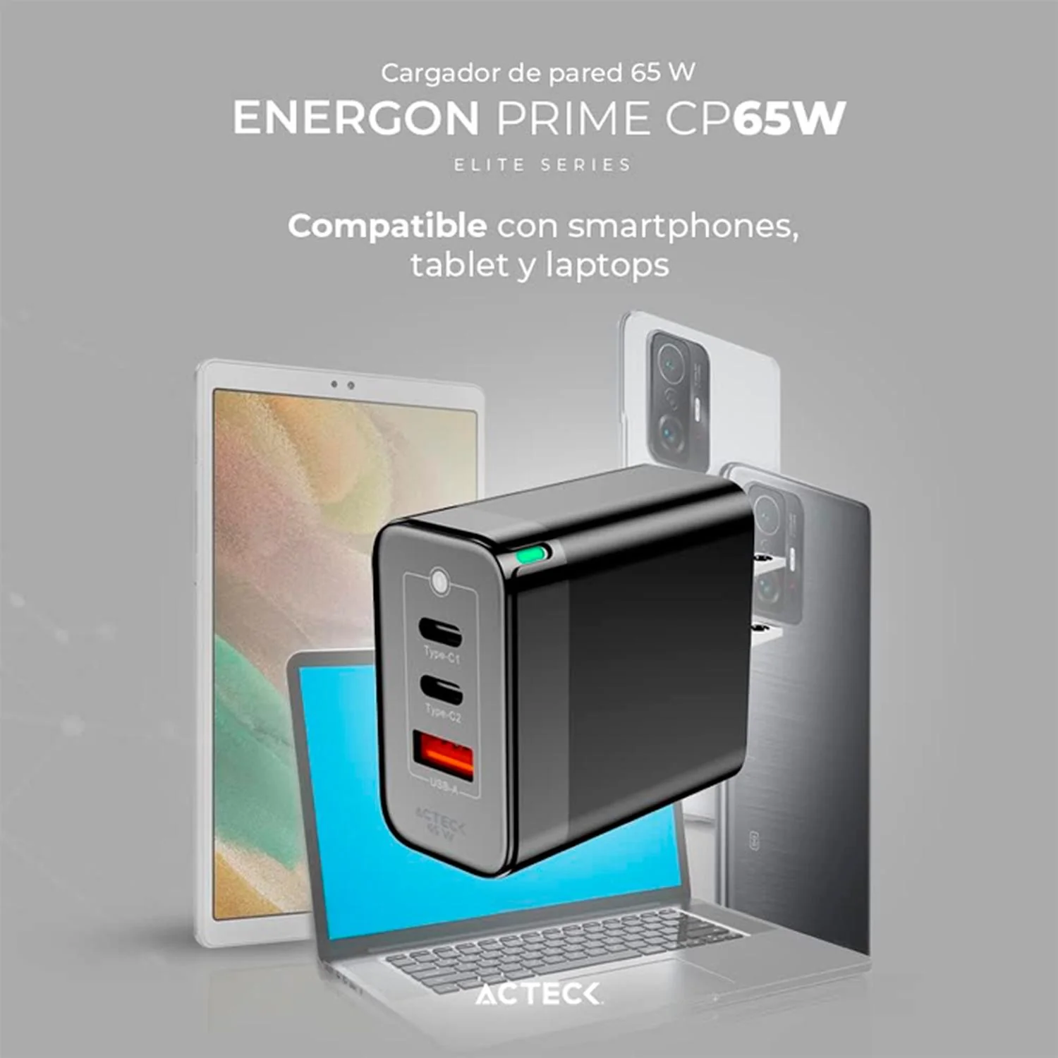 Cargador de Pared 65w ACTECK ENERGON PRO CE707 Carga Ultra Rapida 1x USB + 2x USB-C PD Negro AC-9355 - Image 5