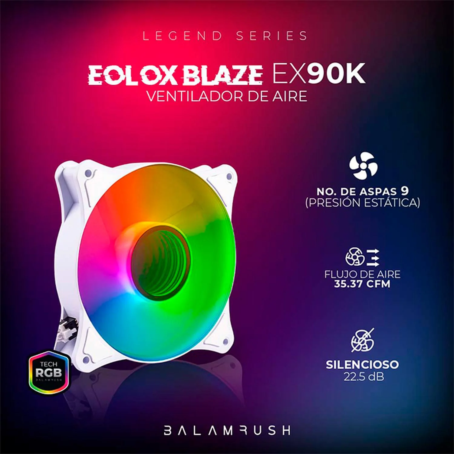 Ventilador Gamer BALAM RUSH EOLOX BLAZE EX90W 120mm ARGB Diseño Circular Rainbow 1200RPM Blanco 3 Pin BR-938037 - Image 3