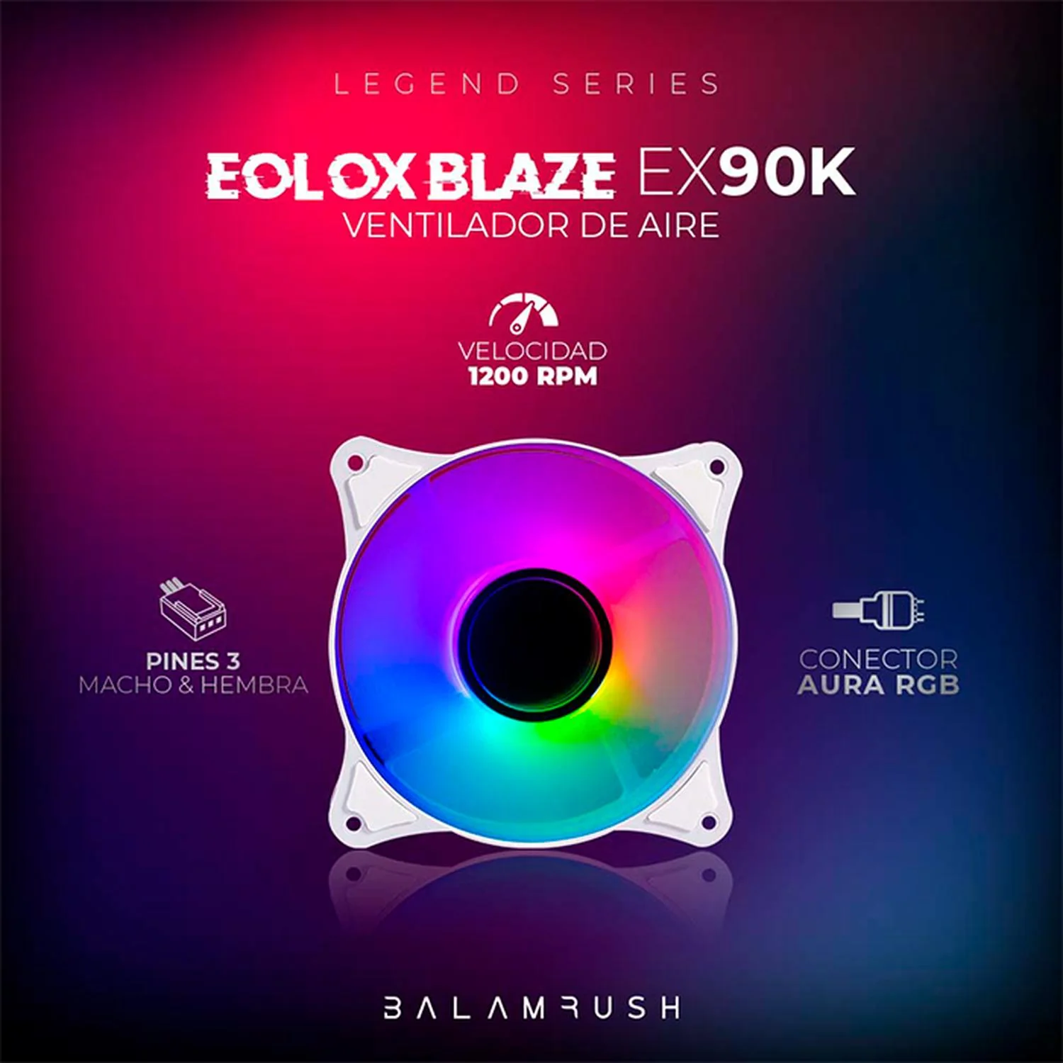 Ventilador Gamer BALAM RUSH EOLOX BLAZE EX90W 120mm ARGB Diseño Circular Rainbow 1200RPM Blanco 3 Pin BR-938037 - Image 4