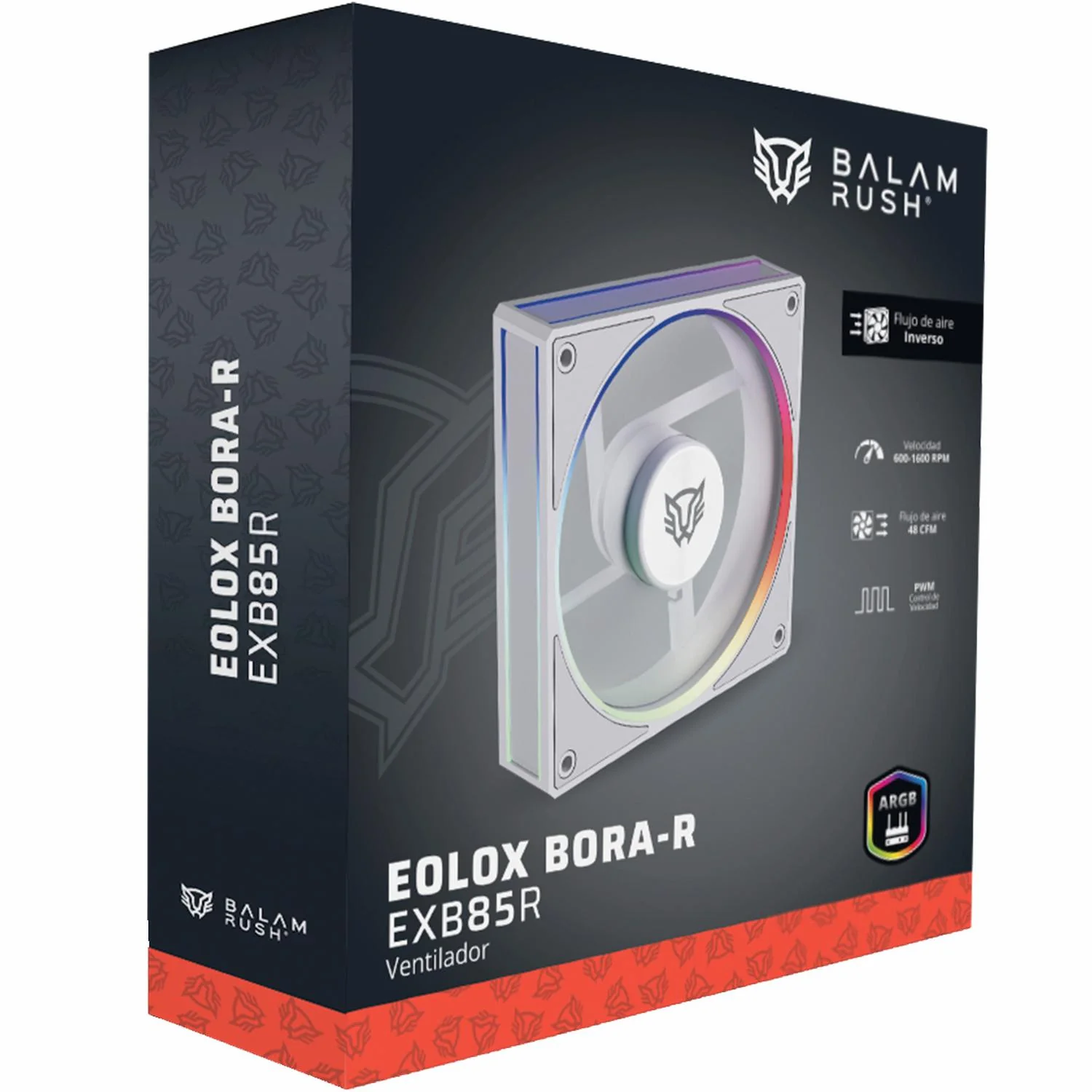Ventilador Gamer BALAM RUSH EOLOX BORA-R EXB85R 120mm ARGB Aspas Inversas Diseño Cuadrado PWM 4 pin + Aura 1600RPM Blanco BR-942232 - Image 6
