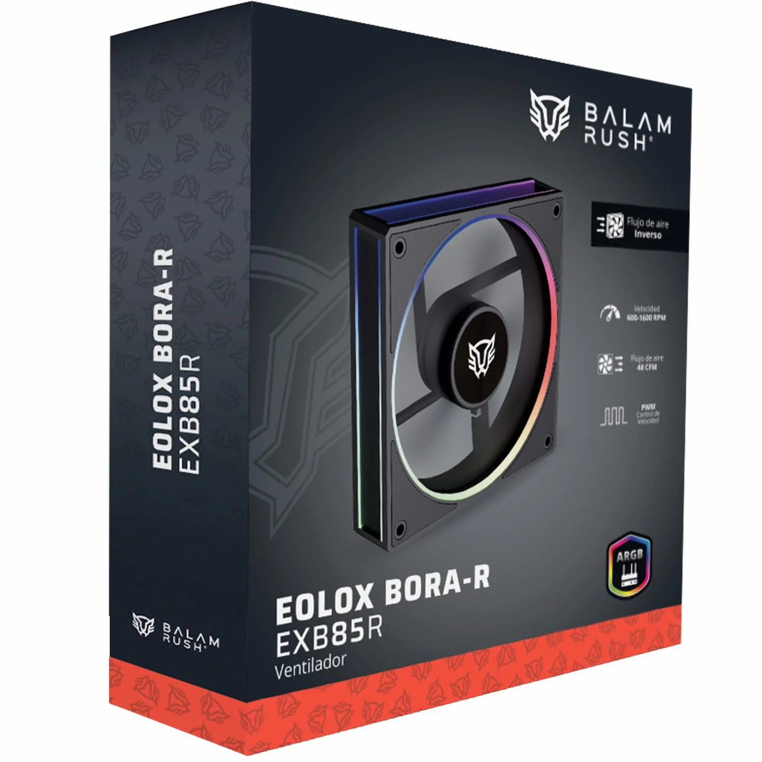 Ventilador Gamer BALAM RUSH EOLOX BORA-R EXB85R 120mm ARGB Aspas Inversas Diseño Cuadrado PWM 4 pin + Aura 1600RPM Negro BR-942225 - Image 6