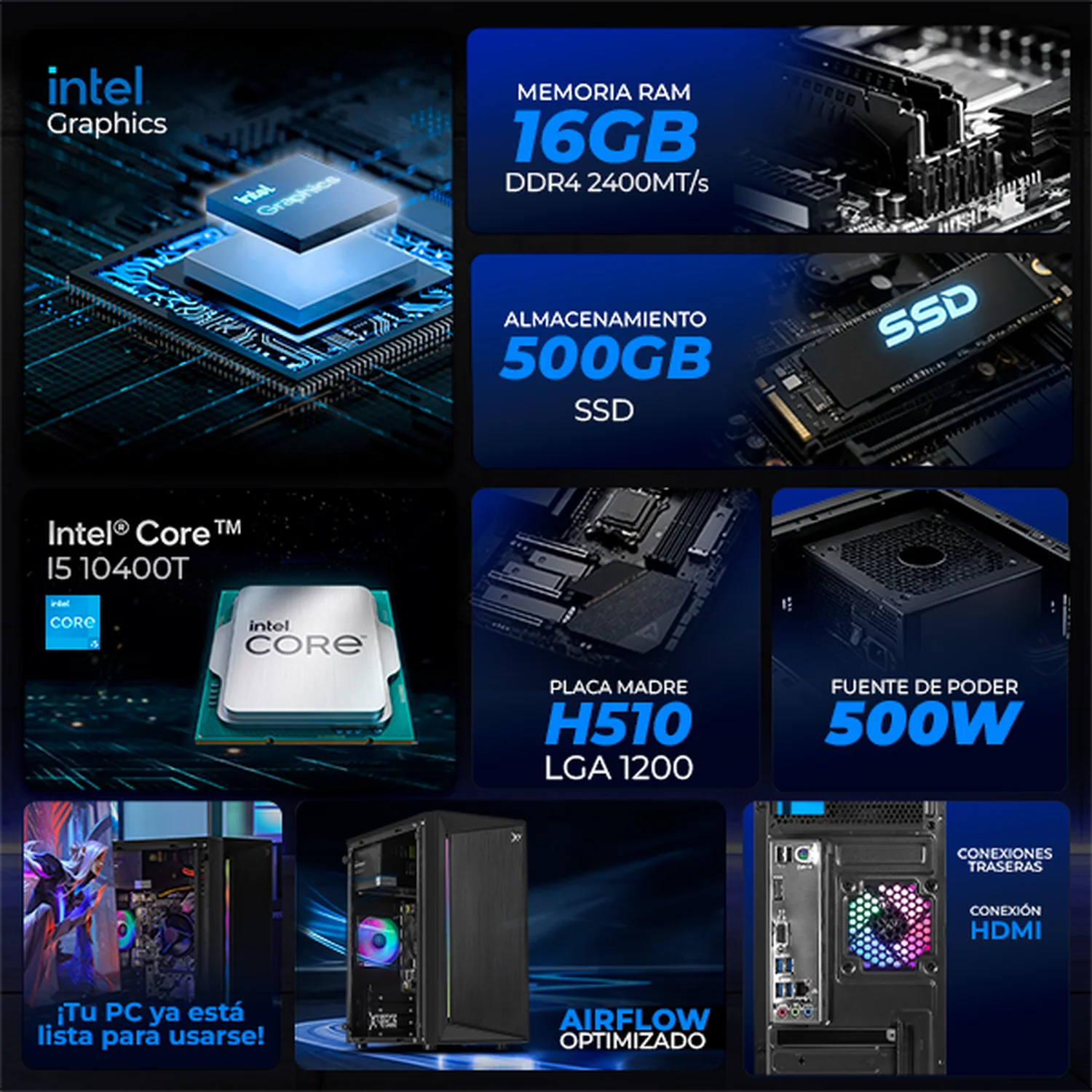 Computadora Escritorio Completa Xtreme Pc Gaming Intel Core i5 10400T 16GB SSD 500GB Monitor 23.8 75Hz WIFI Black rendimiento básico para juegos casuales, trabajo y estudio - Image 3