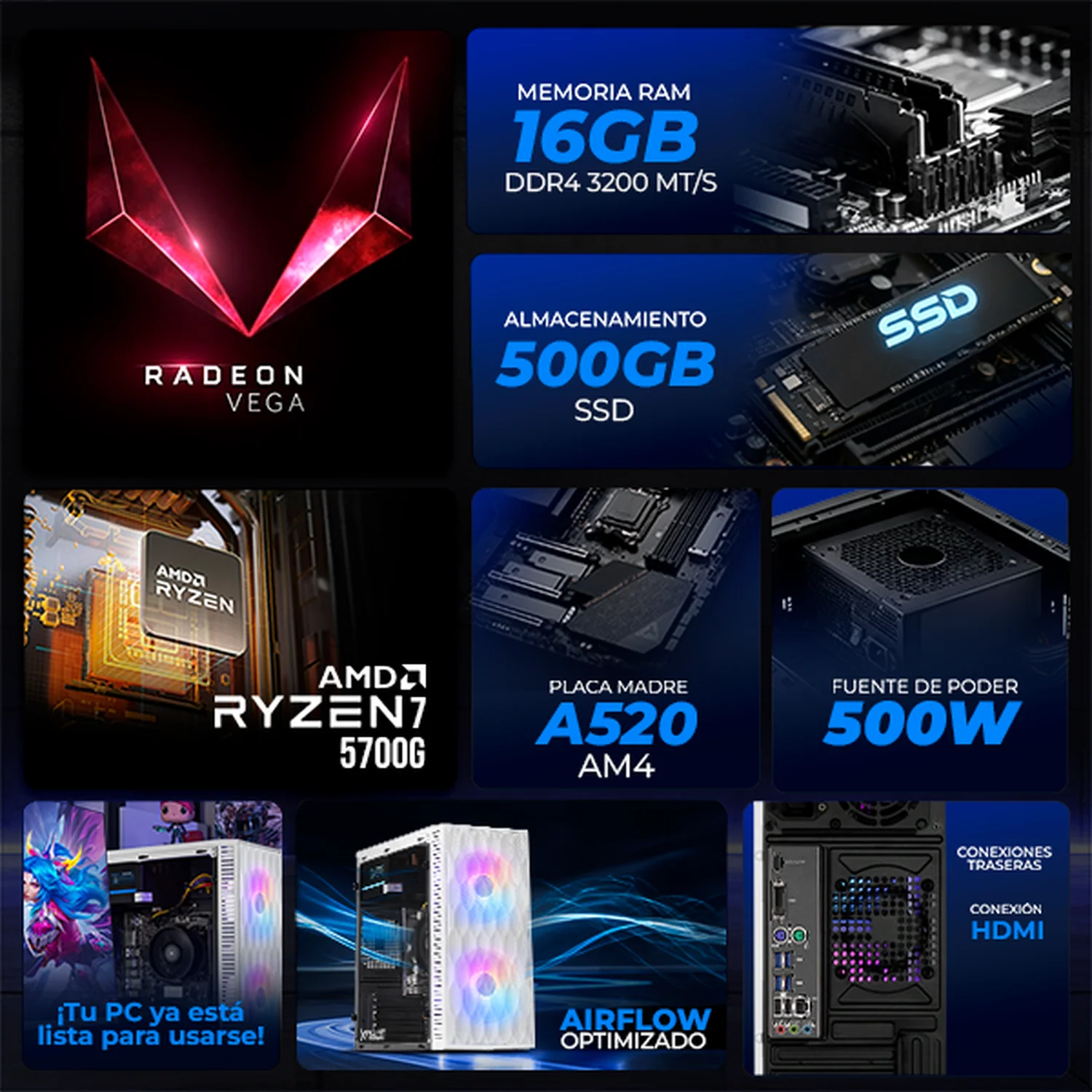 Computadora Escritorio Xtreme PC Gaming AMD Radeon Vega Renoir Ryzen 7 5700G 16GB SSD 500GB WIFI White rendimiento básico para juegos casuales, trabajo y estudio - Image 3