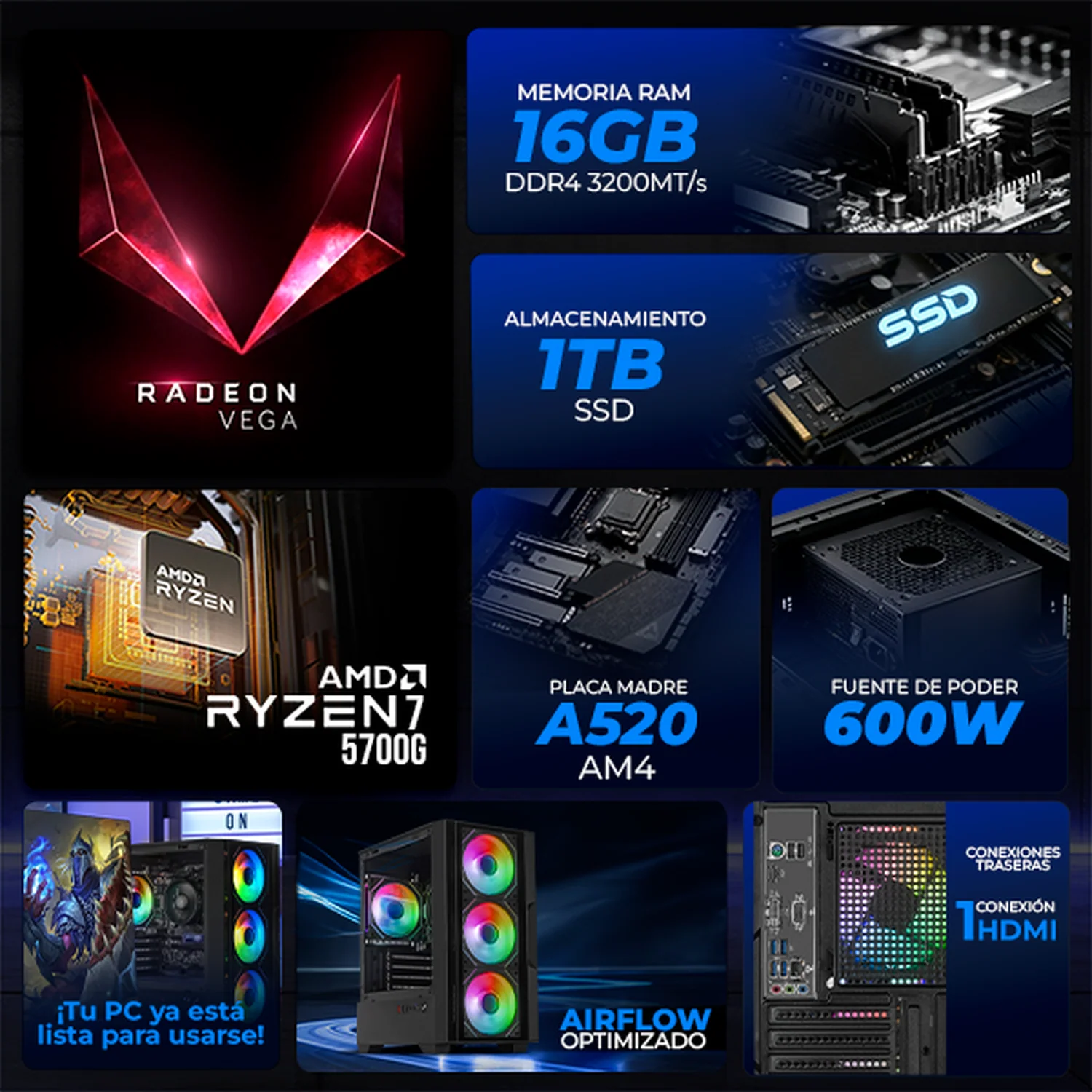 Computadora Escritorio Xtreme PC Gaming AMD Radeon Vega Renoir Ryzen 7 5700G 16GB SSD 1TB WIFI Black gaming ligero en calidad baja, oficina, estudio y hogar - Image 3