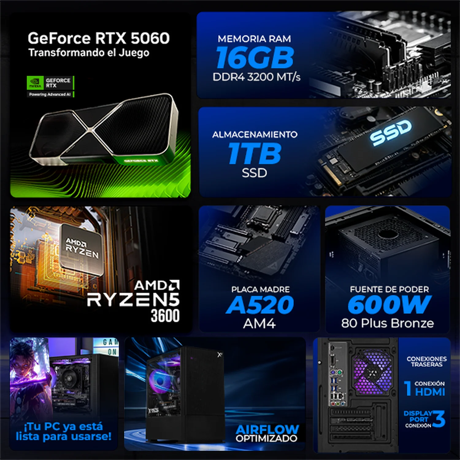 PC Gamer IA Xtreme PC Gaming NVIDIA GeForce RTX 5060 AMD Ryzen 5 3600 16GB SSD 1TB WIFI Productividad Versátil Acelerada con IA Black - Image 3
