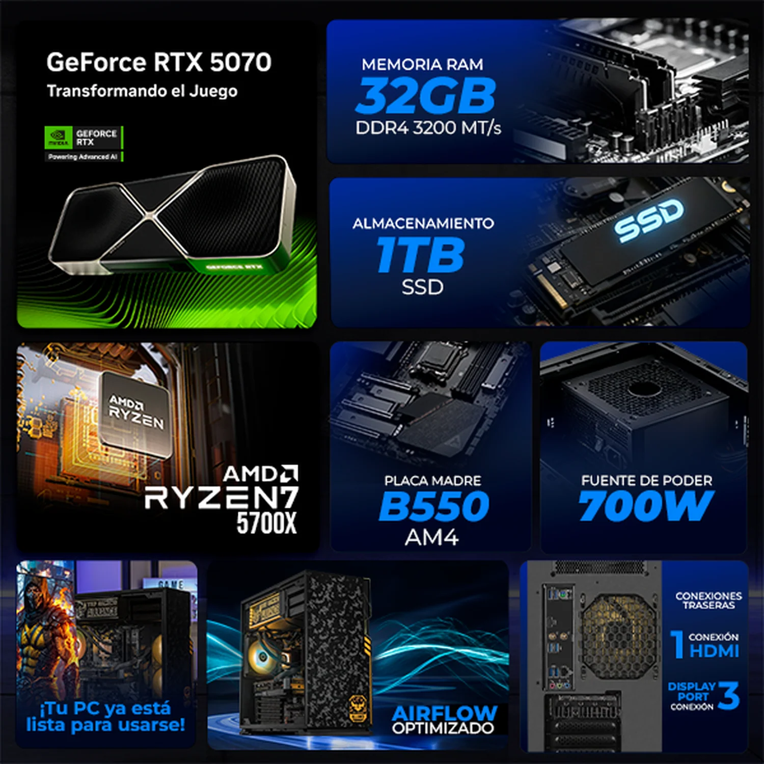 PC Gamer IA Xtreme PC Gaming TUF NVIDIA GeForce RTX 5070 AMD Ryzen 7 5700X 32GB SSD 1TB Sistema Liquido WIFI Black Alto Desempeño Creativo con IA Integrada - Image 3