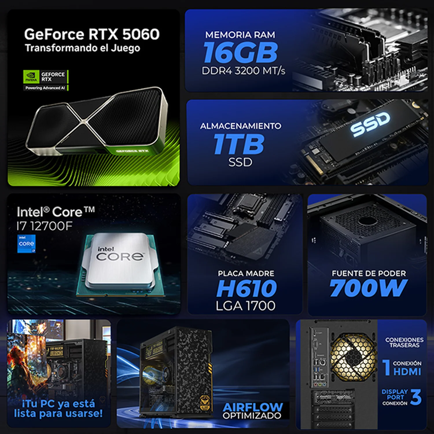 PC Gamer IA Xtreme PC Gaming NVIDIA GeForce RTX 5060 Intel Core i7 12700F 16GB SSD 1TB WIFI Black Productividad Versátil Acelerada con IA - Image 3