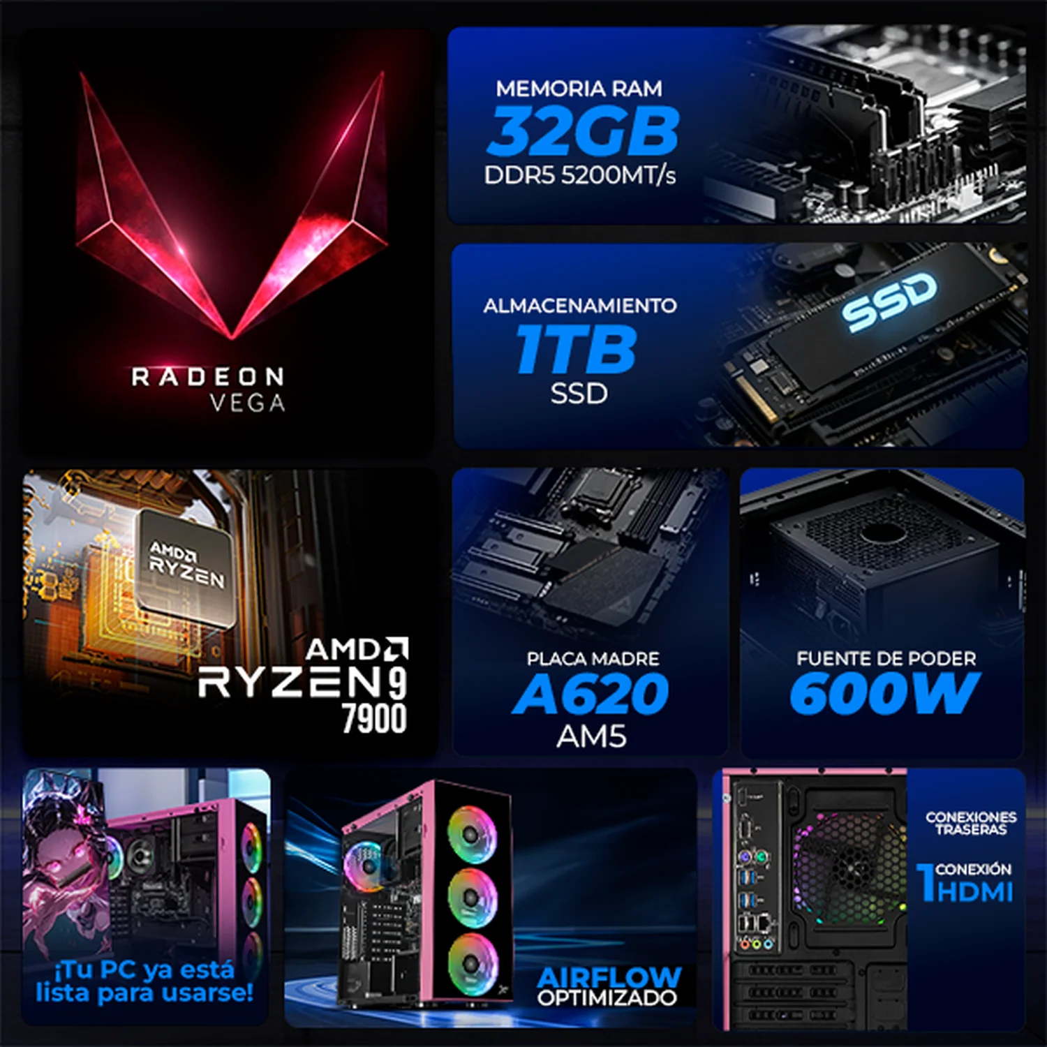 Computadora Escritorio Xtreme PC Gaming AMD Radeon 720M Ryzen 9 7900 32GB DDR5 SSD 1TB WIFI Pink gaming ligero en calidad baja, oficina, estudio y hogar - Image 3