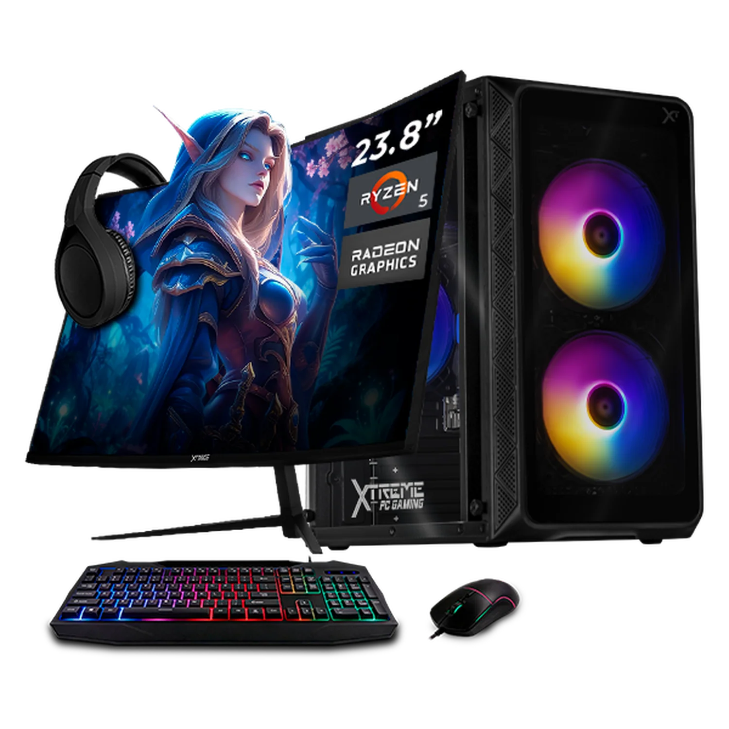 Computadora Escritorio Completa Xtreme PC Gaming AMD Radeon 740M Ryzen 5 8500G 16GB DDR5 SSD 500GB Monitor Curvo 23.8 100Hz WIFI Black rendimiento básico para juegos casuales, trabajo y estudio