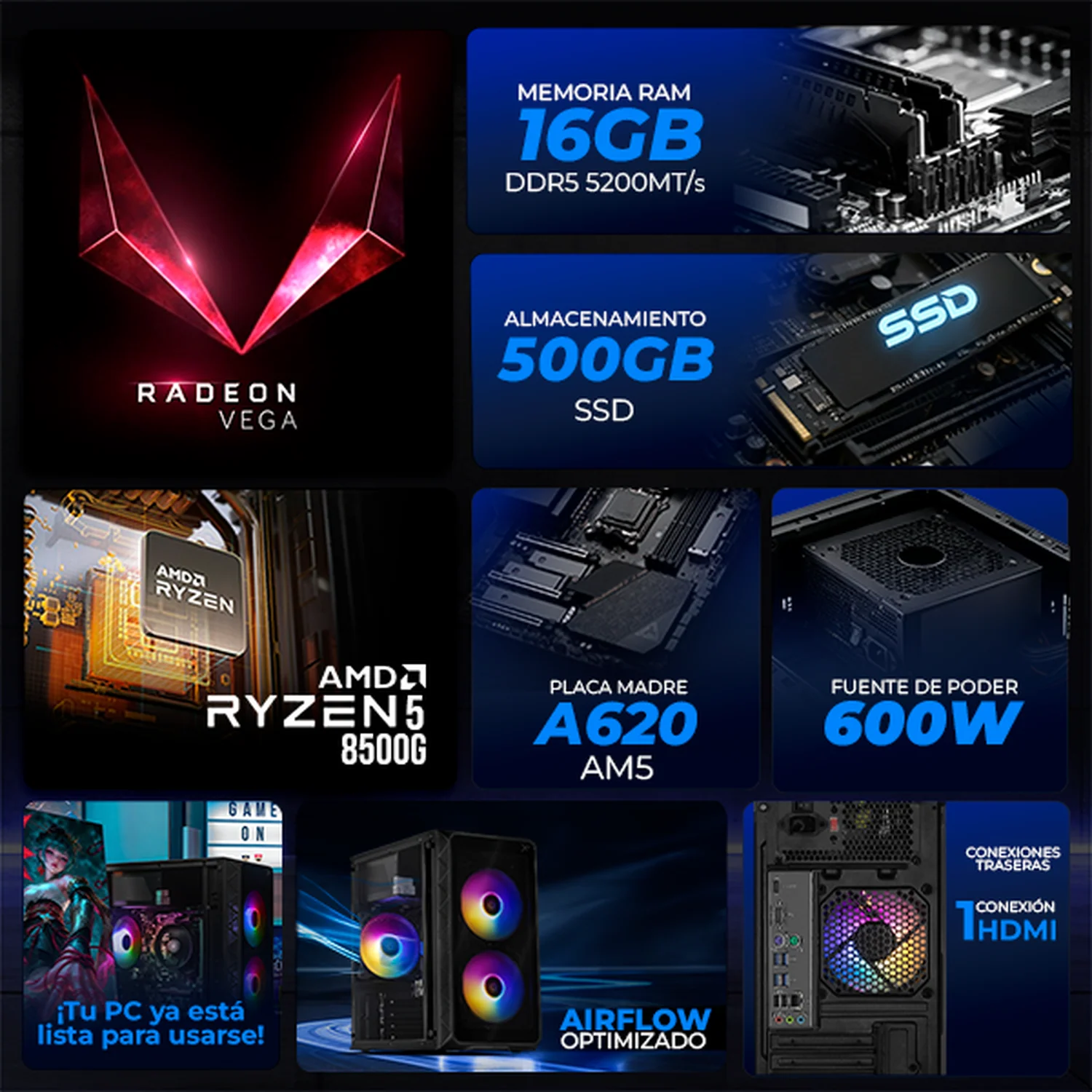 Computadora Escritorio Completa Xtreme PC Gaming AMD Radeon 740M Ryzen 5 8500G 16GB DDR5 SSD 500GB Monitor Curvo 23.8 100Hz WIFI Black rendimiento básico para juegos casuales, trabajo y estudio - Image 3