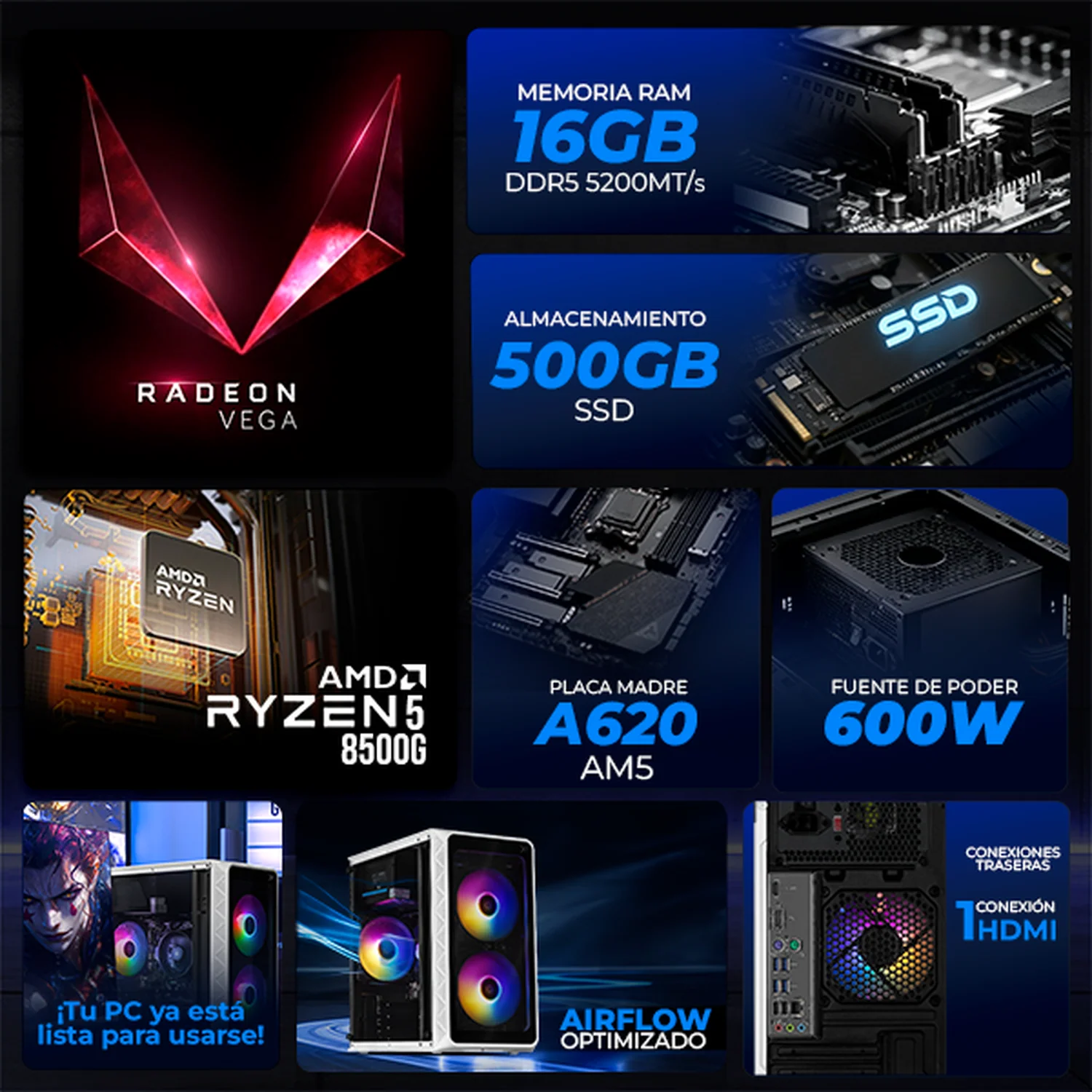 Computadora Escritorio Completa Xtreme PC Gaming AMD Radeon 740M Ryzen 5 8500G 16GB DDR5 SSD 500GB Monitor Curvo 23.8 100Hz WIFI White rendimiento básico para juegos casuales, trabajo y estudio - Image 3