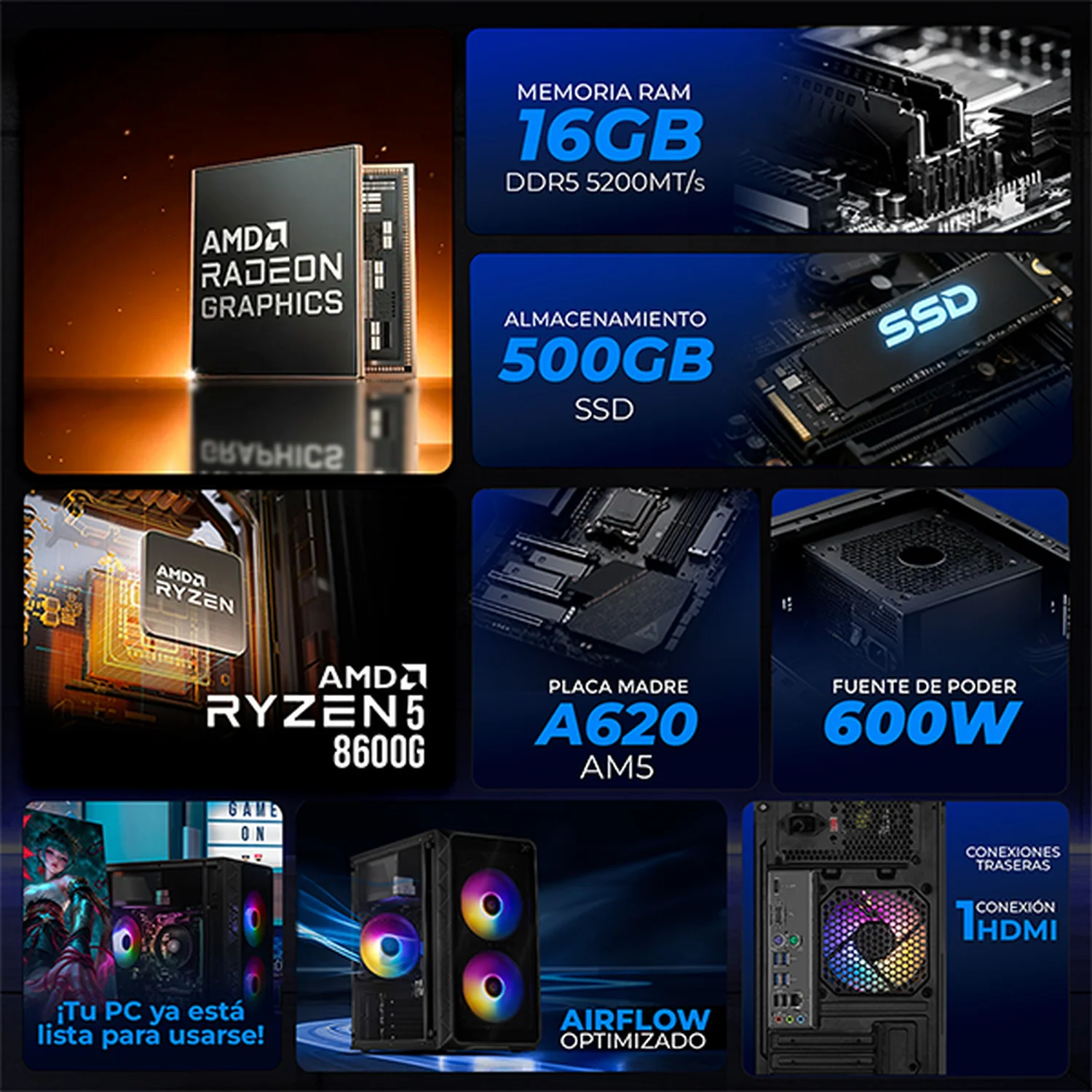 Xtreme PC IA Ready AMD Radeon 760M Ryzen 5 8600G NPU 16 TOPS 16GB DDR5 SSD 500GB Monitor 27 WIFI Black Multitarea más inteligente - Image 3