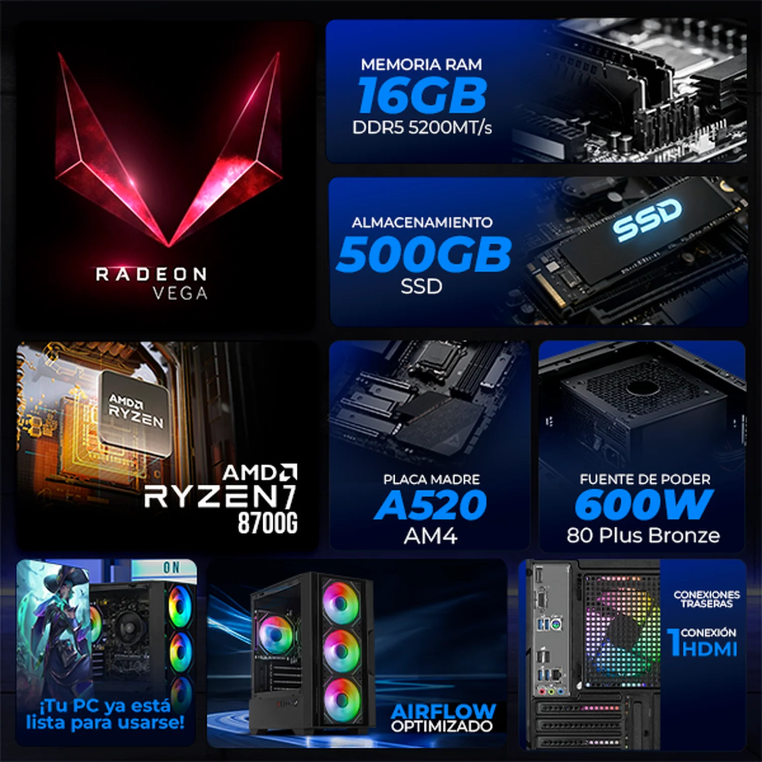 Computadora Escritorio Completa Xtreme PC Gaming AMD Radeon 780M Ryzen 7 8700G 16GB DDR5 SSD 500GB Monitor Curvo 27 100Hz WIFI Black rendimiento básico para juegos casuales, trabajo y estudio - Image 3