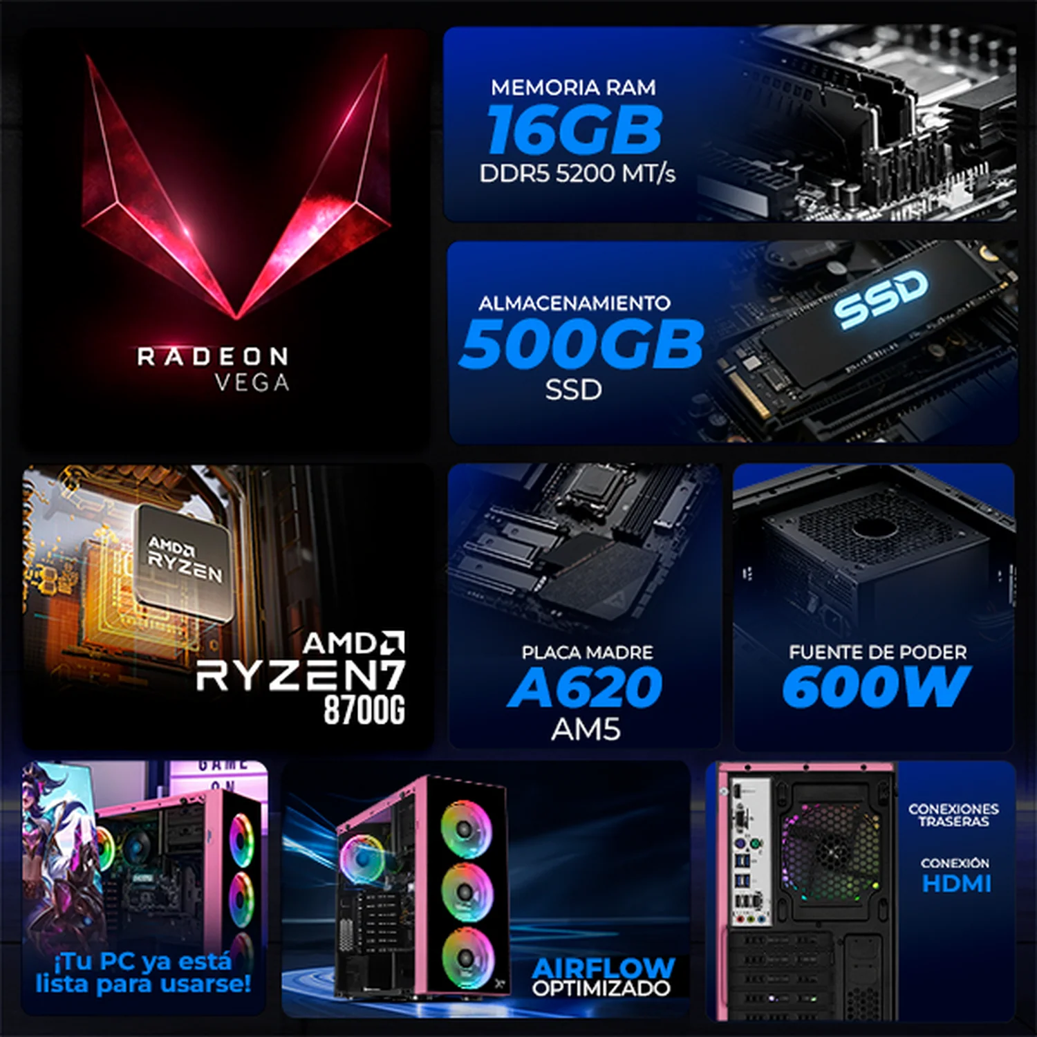 Computadora Escritorio Completa Xtreme PC Gaming AMD Radeon 780M Ryzen 7 8700G 16GB DDR5 SSD 500GB Monitor Curvo 27 100Hz WIFI Pink rendimiento básico para juegos casuales, trabajo y estudio - Image 3
