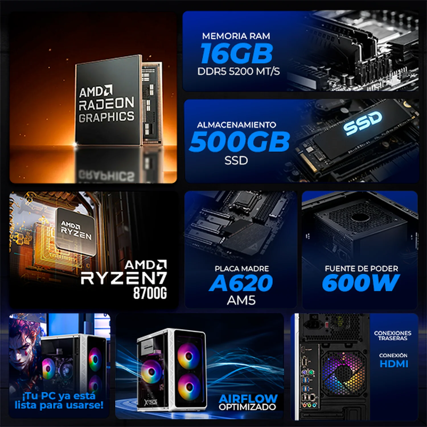 Computadora Gamer IA Ready Xtreme PC Gaming AMD Radeon 780M Ryzen 7 8700G 16GB DDR5 SSD 500GB WIFI White Multitarea Avanzada con IA - Image 3