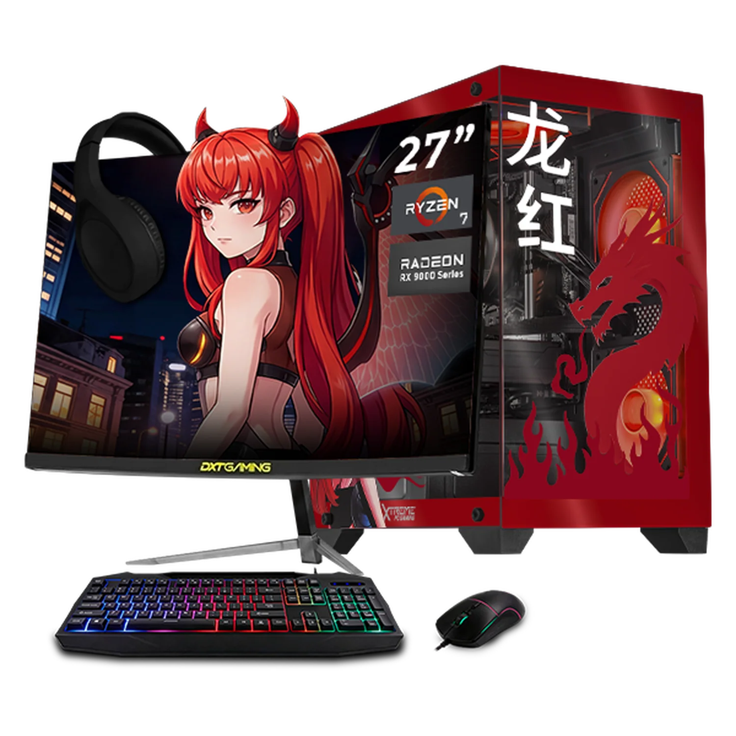 PC Gamer Completa Xtreme PC Gaming AMD Radeon RX 9060 Ryzen 7 5700 16GB SSD 1TB Monitor Curvo 27 180Hz WIFI Scarlet Dragon gaming 1080p, estudios y multitarea