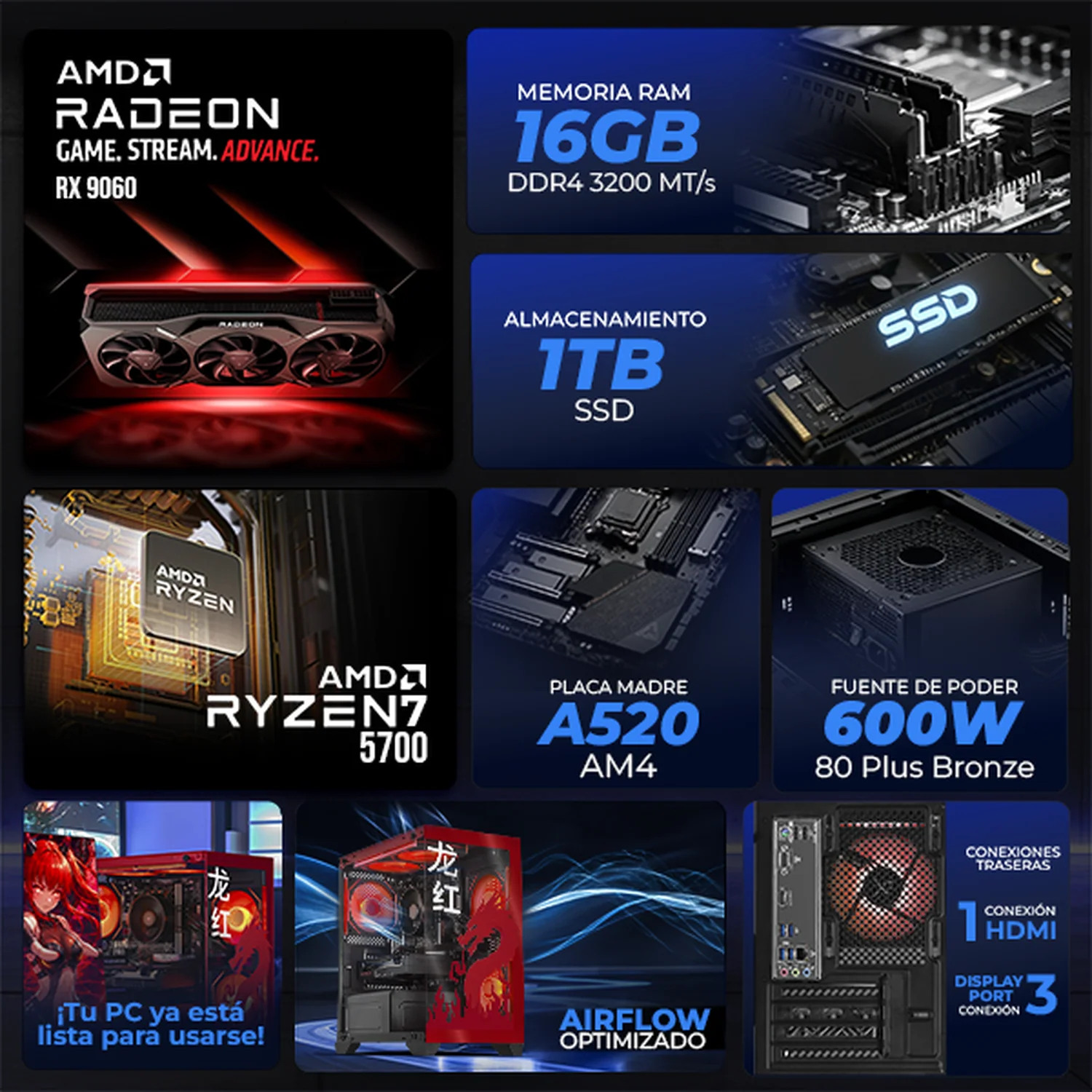 PC Gamer Completa Xtreme PC Gaming AMD Radeon RX 9060 Ryzen 7 5700 16GB SSD 1TB Monitor Curvo 27 180Hz WIFI Scarlet Dragon gaming 1080p, estudios y multitarea - Image 3