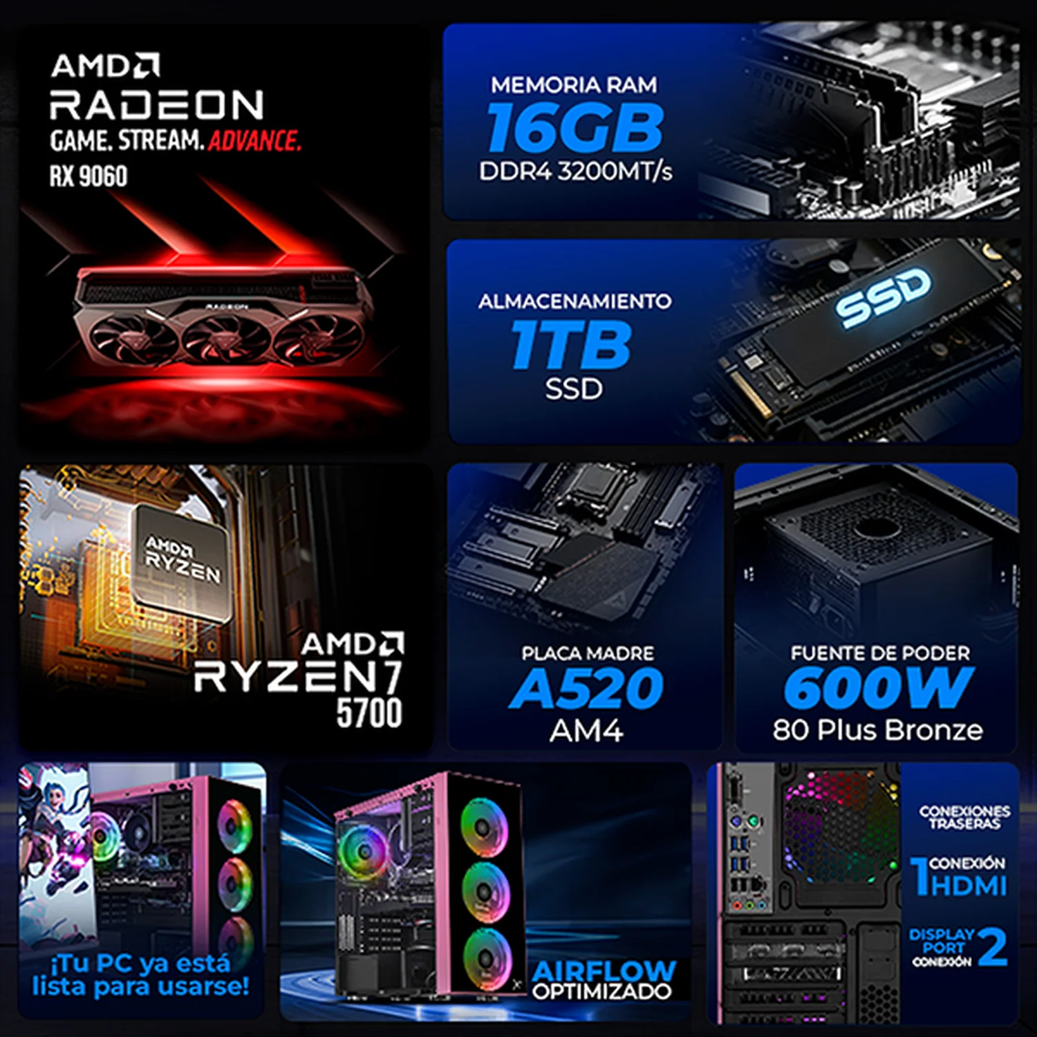PC Gamer Xtreme PC Gaming AMD Radeon RX 9060 Ryzen 7 5700 16GB SSD 1TB WIFI Jinx Edition gaming 1080p, estudios y multitarea - Image 3