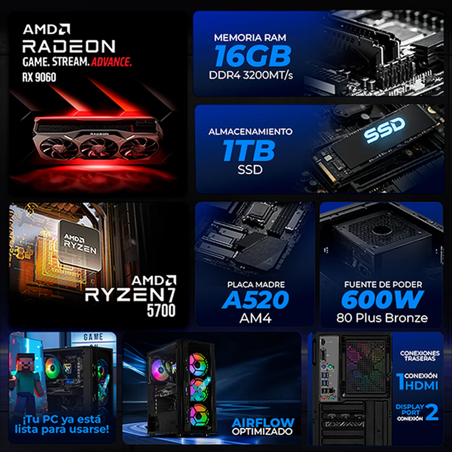 PC Gamer Xtreme PC Gaming AMD Radeon RX 9060 Ryzen 7 5700 16GB SSD 1TB Sistema Liquido WIFI Minecraft Steve gaming 1080p, estudios y multitarea - Image 3
