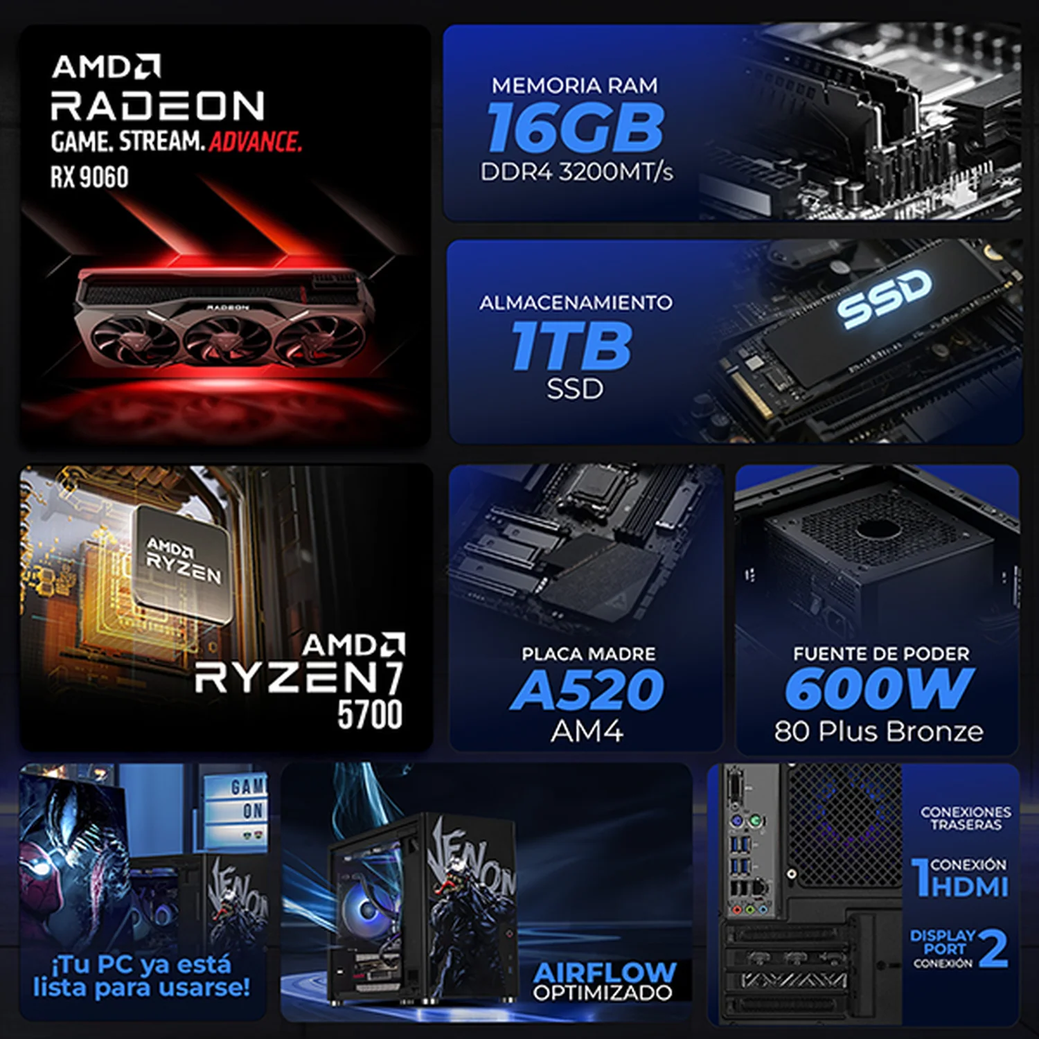 PC Gamer IA Xtreme PC Gaming AMD Radeon RX 9060 Ryzen 7 5700 16GB SSD 1TB Sistema Liquido WIFI Venom-Spider Productividad Versátil Acelerada con IA - Image 3