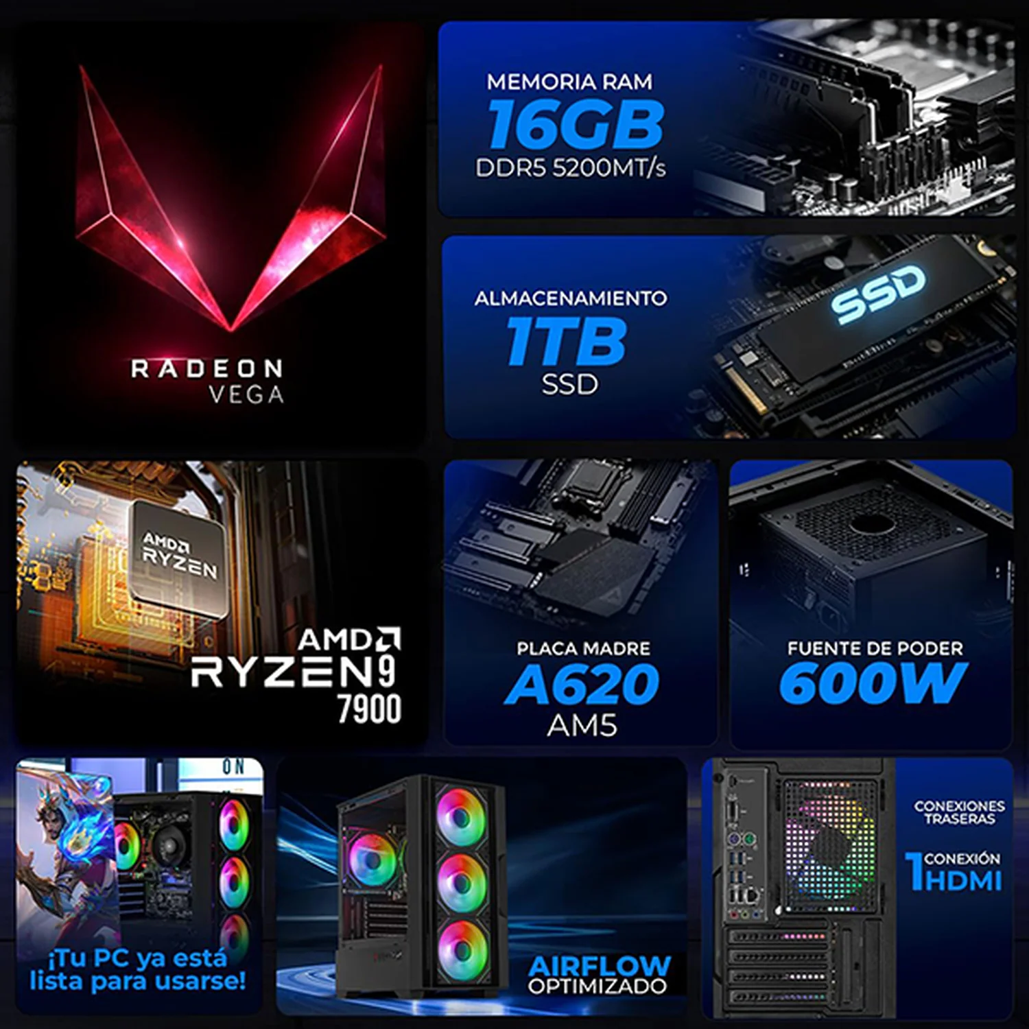 Computadora Escritorio Completa Xtreme PC Gaming AMD Radeon 780M Ryzen 9 7900 16GB DDR5 SSD 1TB Monitor Curvo 27 100Hz WIFI Black rendimiento básico para juegos casuales, trabajo y estudio - Image 3