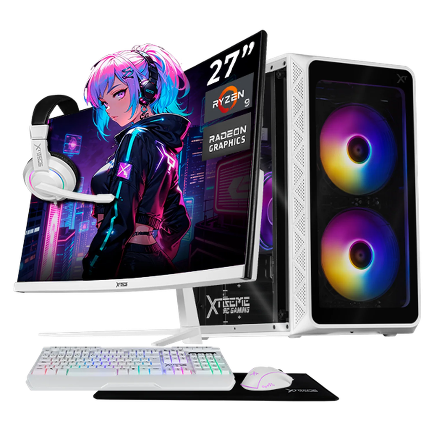 Computadora Escritorio Completa Xtreme PC Gaming AMD Radeon 780M Ryzen 9 7900 16GB DDR5 SSD 1TB Monitor Curvo 27 100Hz WIFI White rendimiento básico para juegos casuales, trabajo y estudio