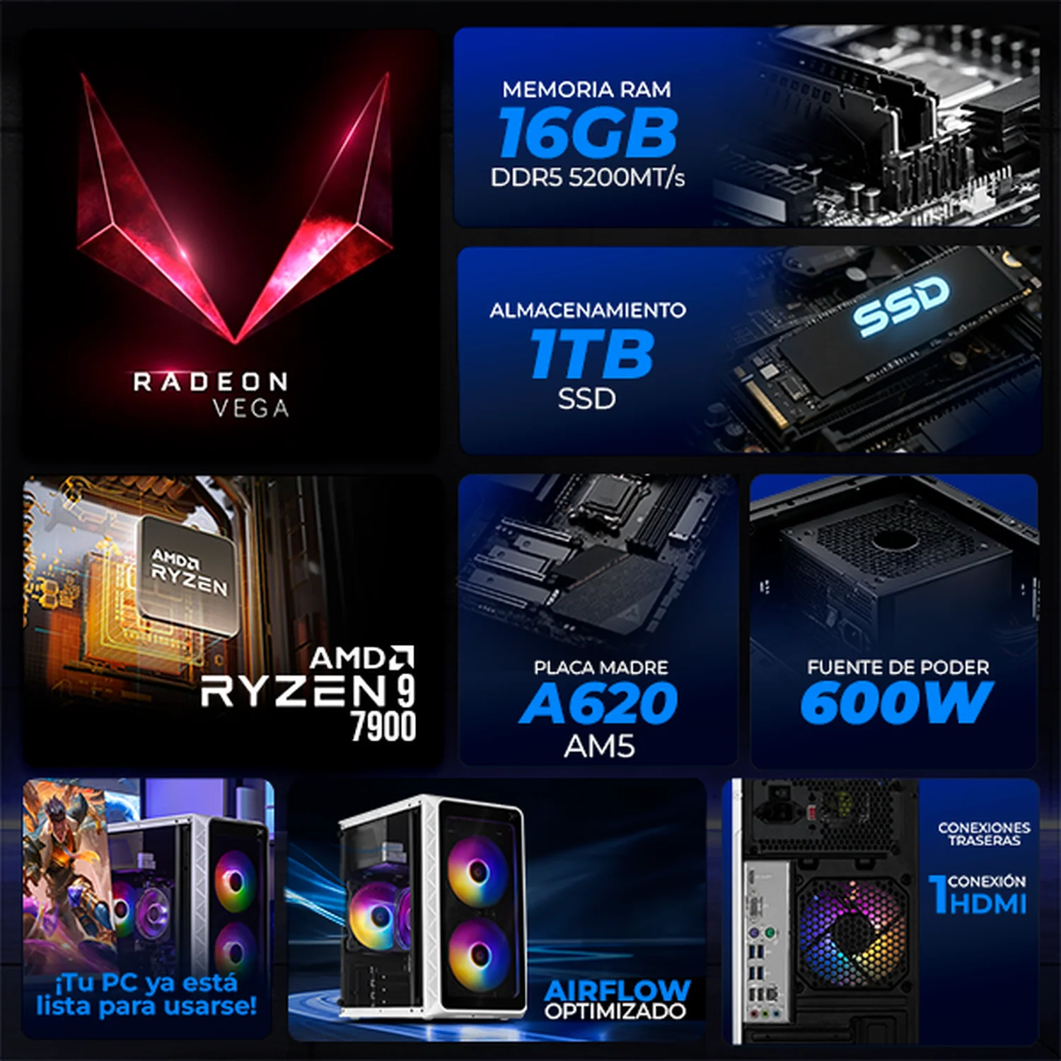 Computadora Escritorio Completa Xtreme PC Gaming AMD Radeon 780M Ryzen 9 7900 16GB DDR5 SSD 1TB Monitor Curvo 27 100Hz WIFI White rendimiento básico para juegos casuales, trabajo y estudio - Image 3