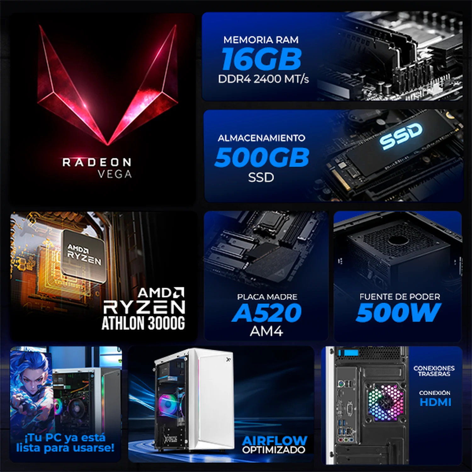 Computadora Escritorio Completa Xtreme PC Gaming AMD Radeon Vega 3 Athlon 3000G 16GB SSD 500GB Monitor 21.5 75Hz WIFI White rendimiento básico para juegos casuales, trabajo y estudio - Image 3