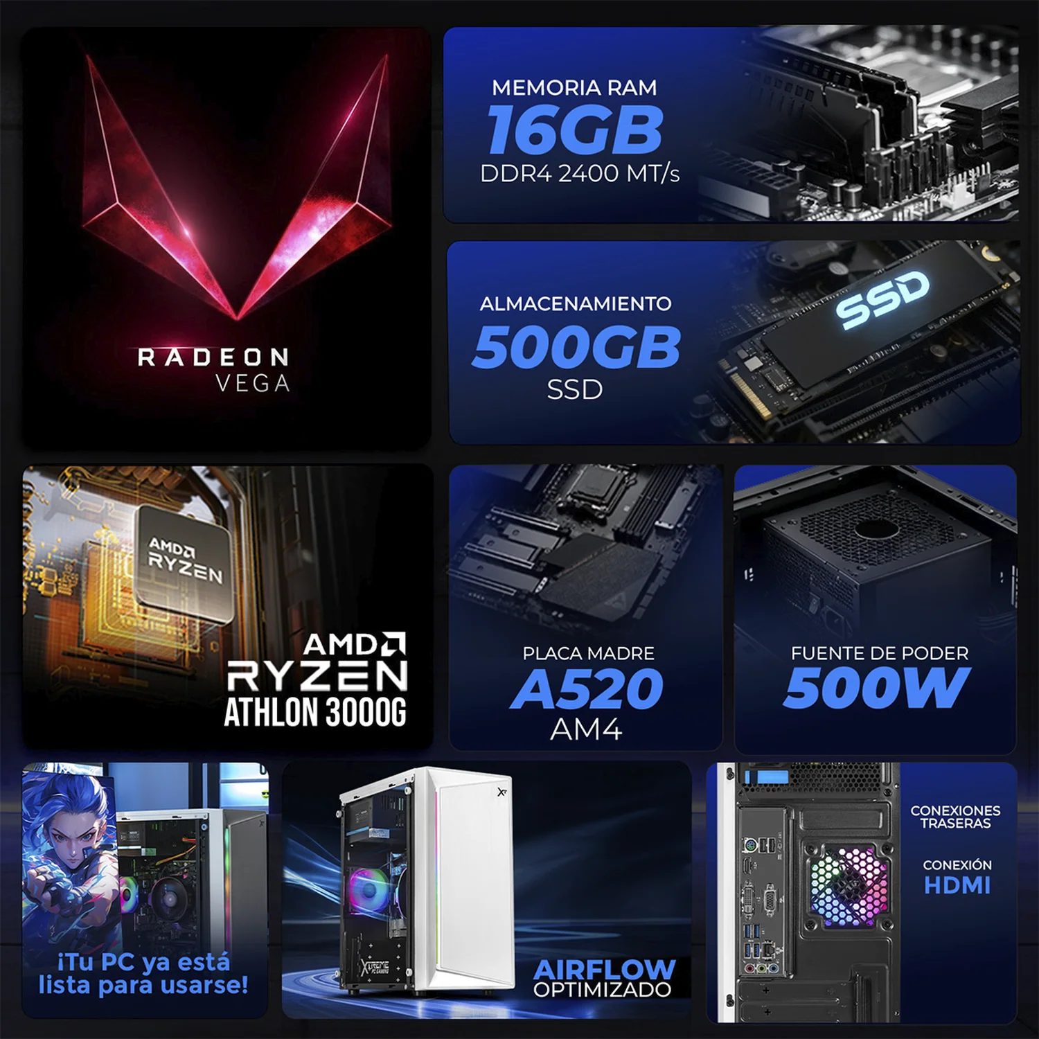 Computadora Escritorio Xtreme PC Gaming AMD Radeon Vega 3 Athlon 3000G 16GB SSD 500GB WIFI White rendimiento básico para juegos casuales, trabajo y estudio - Image 3